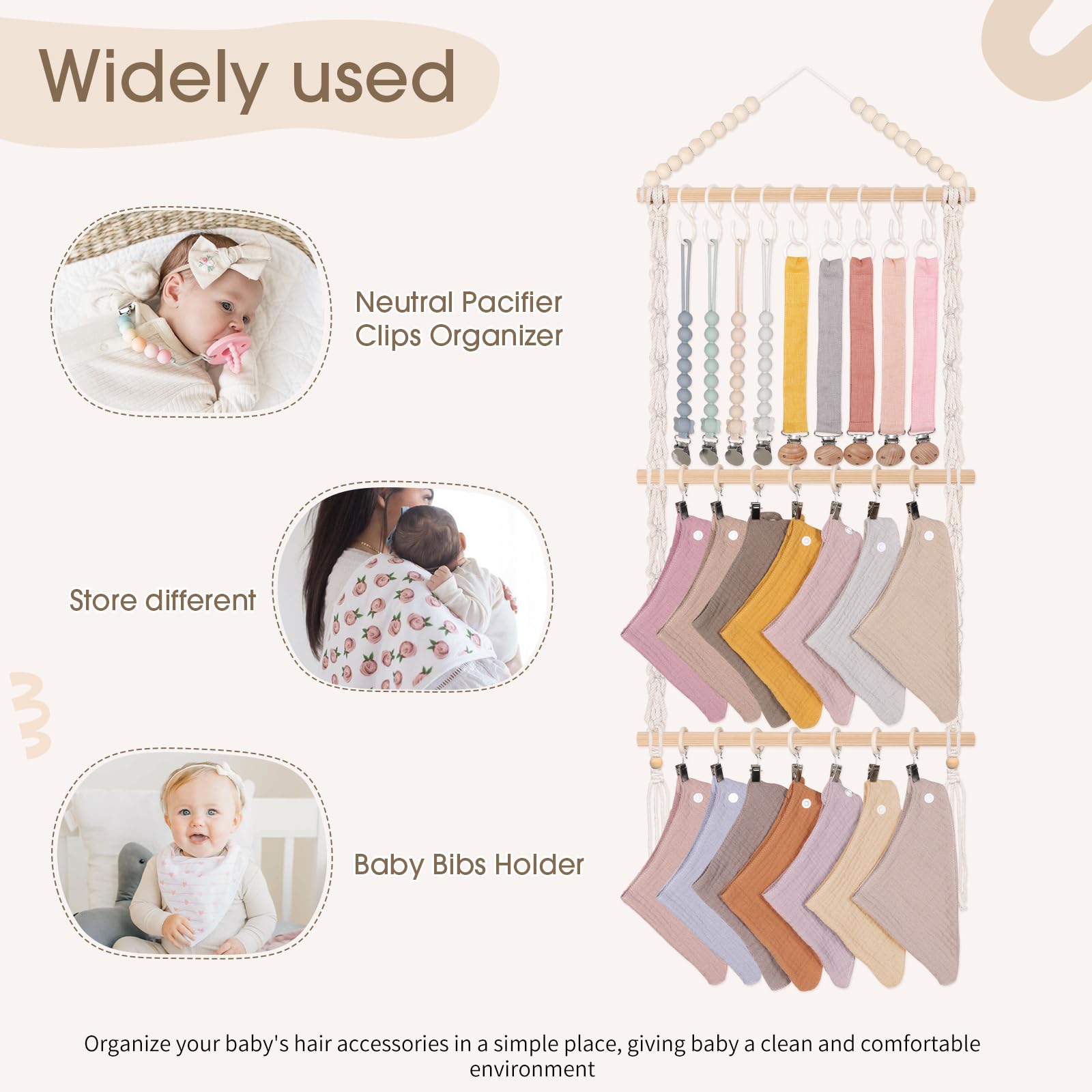 POVETIRE Organizador de baberos para bebé, soporte neutro para baberos para bebé, bandana para bebé, organizador de paños para eructos, decoración de pared para guardería, recién nacido, habitación de