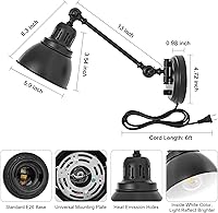 Vista 6 de Plug in Wall Sconces, Wall Sconce Lighting with Dimmable On Off Switch, Swing Arm Wall Lamp, Black Metal Industrial Wall Light Fixtures, Safety E26