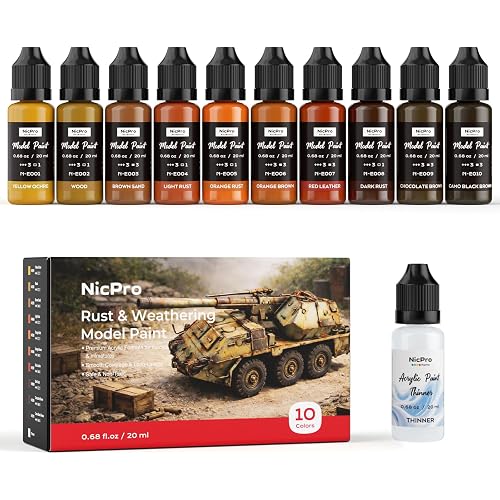 Nicpro 10 Colors Rust & Weathering Model Paint Set, 20ml | Modeling Acrylic Paints, Brush & Airbrush Compatible Miniature Paint for Model, Vehicle, Terrain & 3D Prints, with 1 Thinner