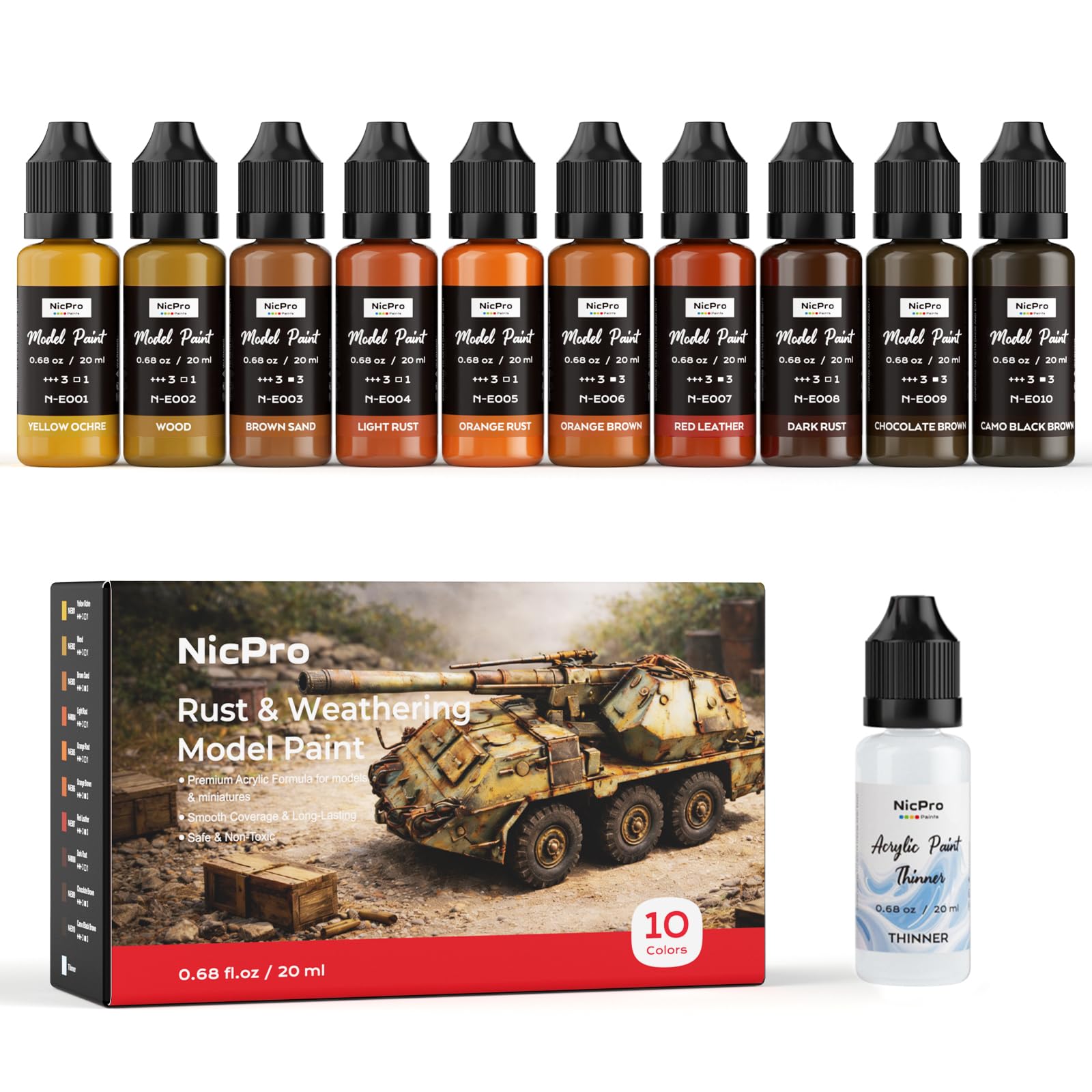 Nicpro 10 Colors Rust &amp; Weathering Model Paint Set, 20ml
