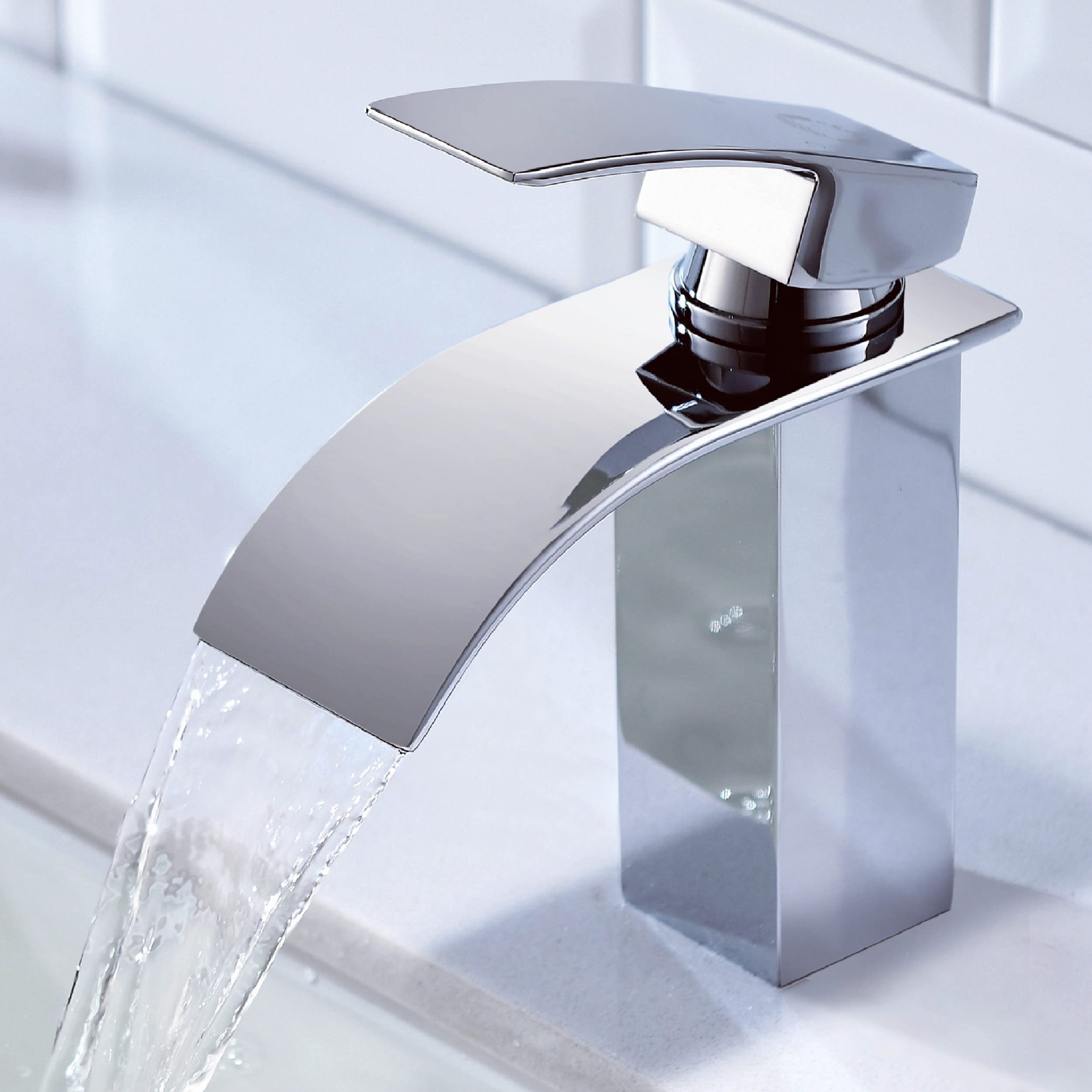 CECIPA Rubinetto Bagno Lavabo a Cascata, Miscelatore Lavabo Bagno con Altezza Bocca 8,4cm, Miscelatore Lavabo a Cascata con Acqua Calda e Fredda | Quadrato, con Altezza Bocca 85 mm, con Acqua Calda e Fredda, in Acciaio Inox, Cromato