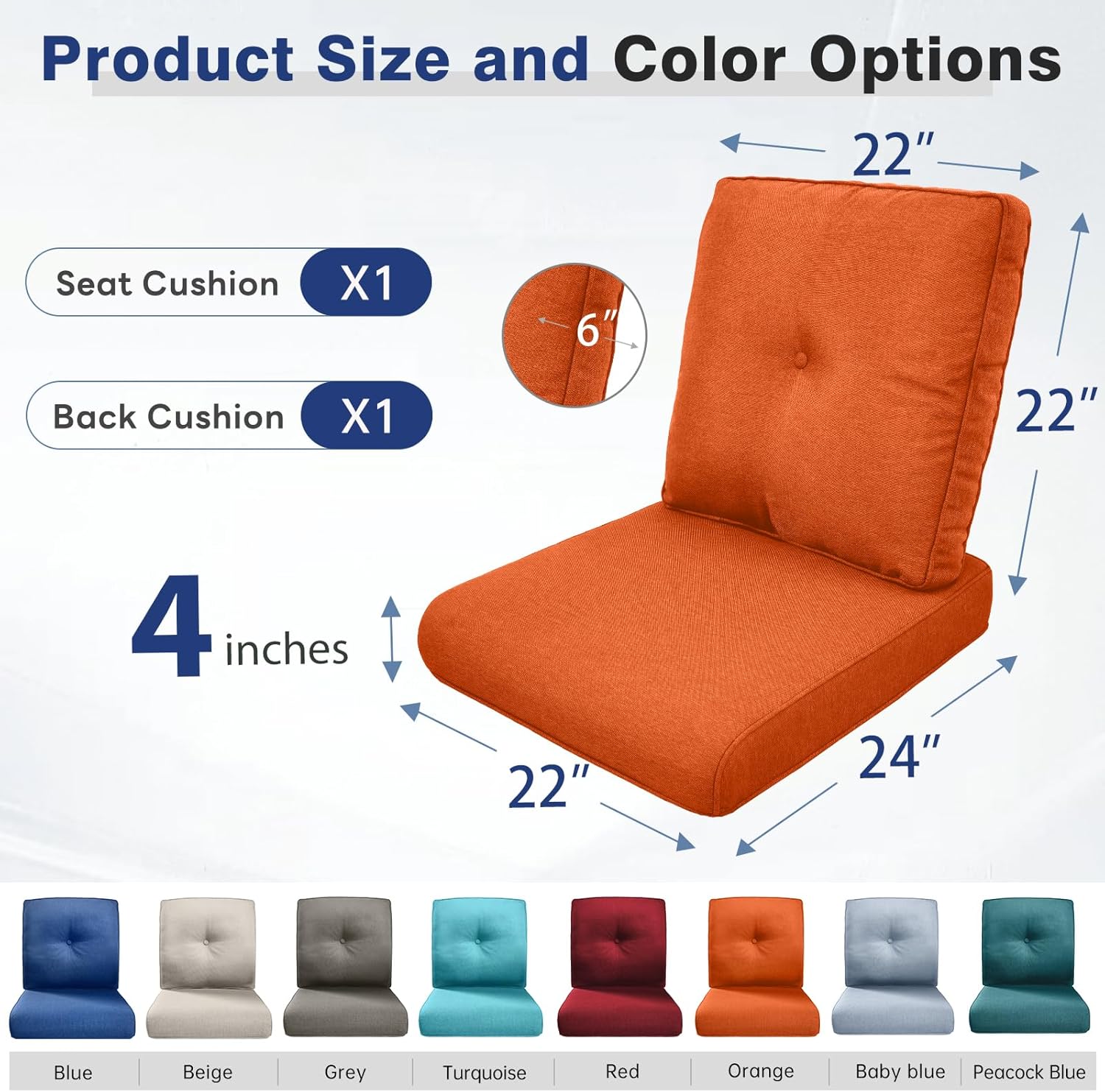 Belord Luxury 4" Thick Outdoor Cushion Set - 22 x24 Inch 28D Sponge Filling Fade-Resistant Chair Cushion, Spill Proof Removable Patio Furniture Replacement Cushions for Sofa Bench Swing - Orange