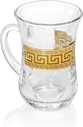 Red Co. Juego de 6 tazas de té turco decoradas de vidrio transparente de 5 onzas líquidas con patrón de llave griega dorada y mango