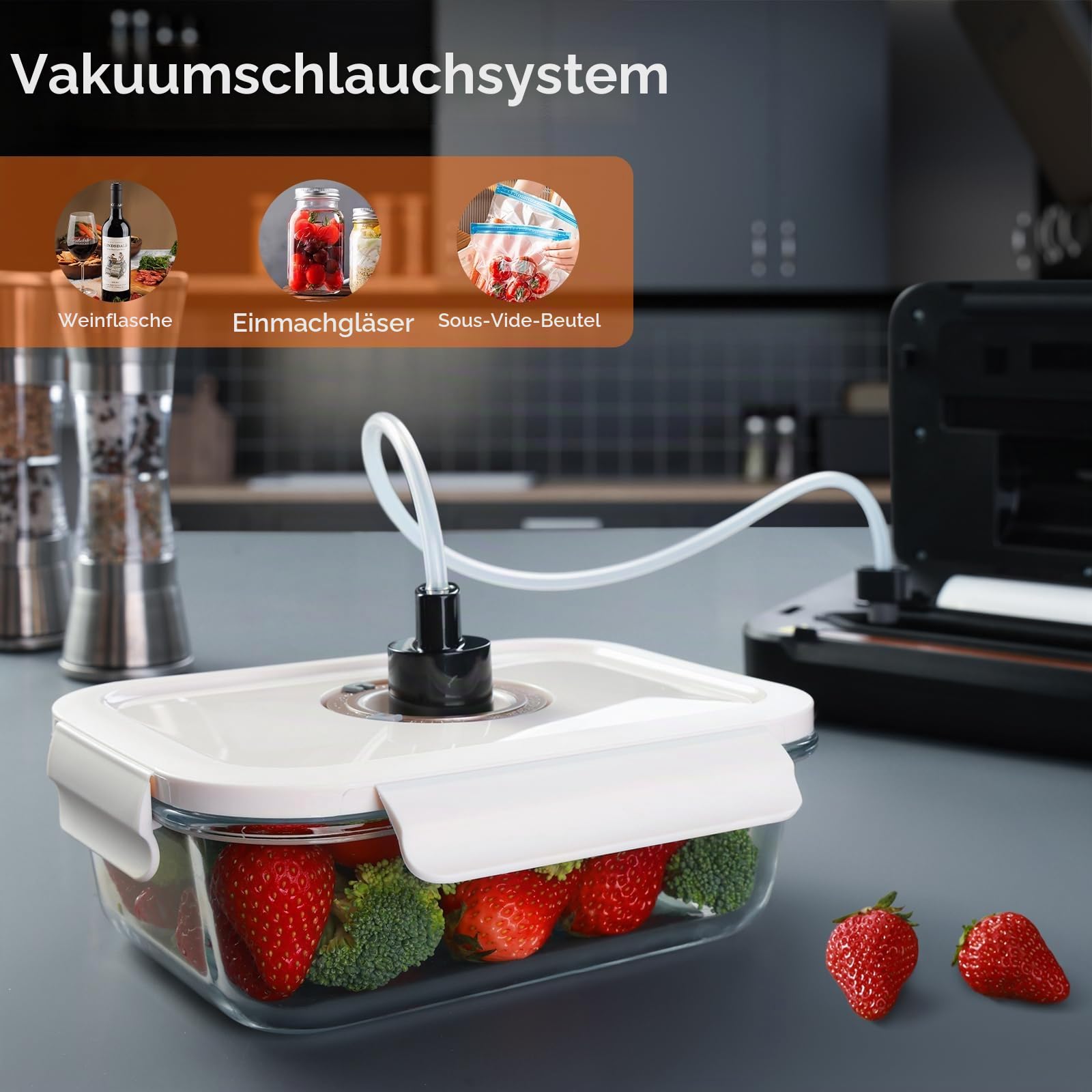 Vakuumiergerät für Lebensmittel, 80 kPa Vakuumierer 8-in-1-Modus (Trocken/Feucht), mit Integriertem Cutter und Aufbewahrung, Digitalem Countdown, Luftansaugschlauch, 2-Rollbeuteln und 11-Vakuumbeuteln