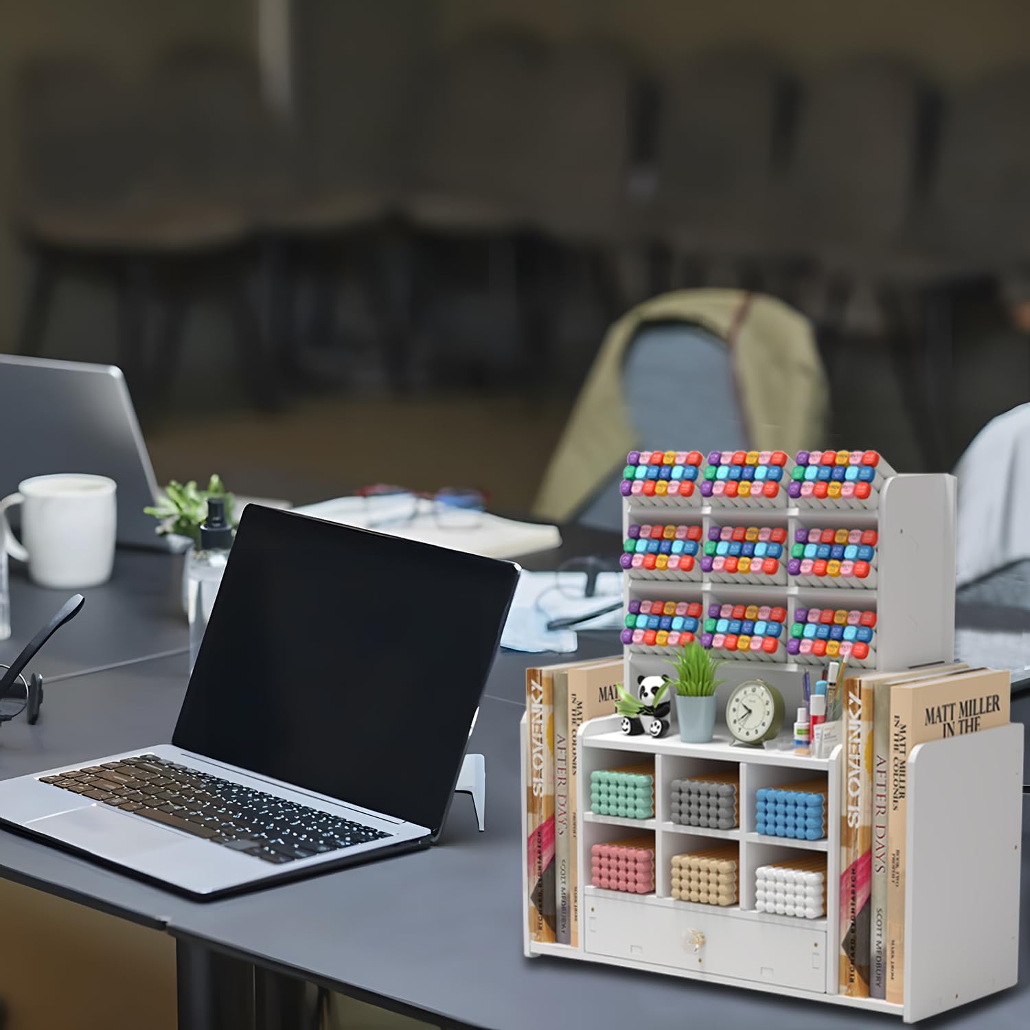 Organisateur de Bureau Multifonctionnel,Rangement bureau Plastique avec 15 Compartiments,1 Coulissants,2 Classeurs pour Maison École Bureau Porte Crayon