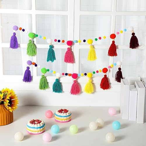 Miniatura 5 de Guirnalda de borlas con pompones de arco iris, pancarta de Navidad colorida para colgar en la pared, guirnalda de borlas bohemia para aula, hogar,