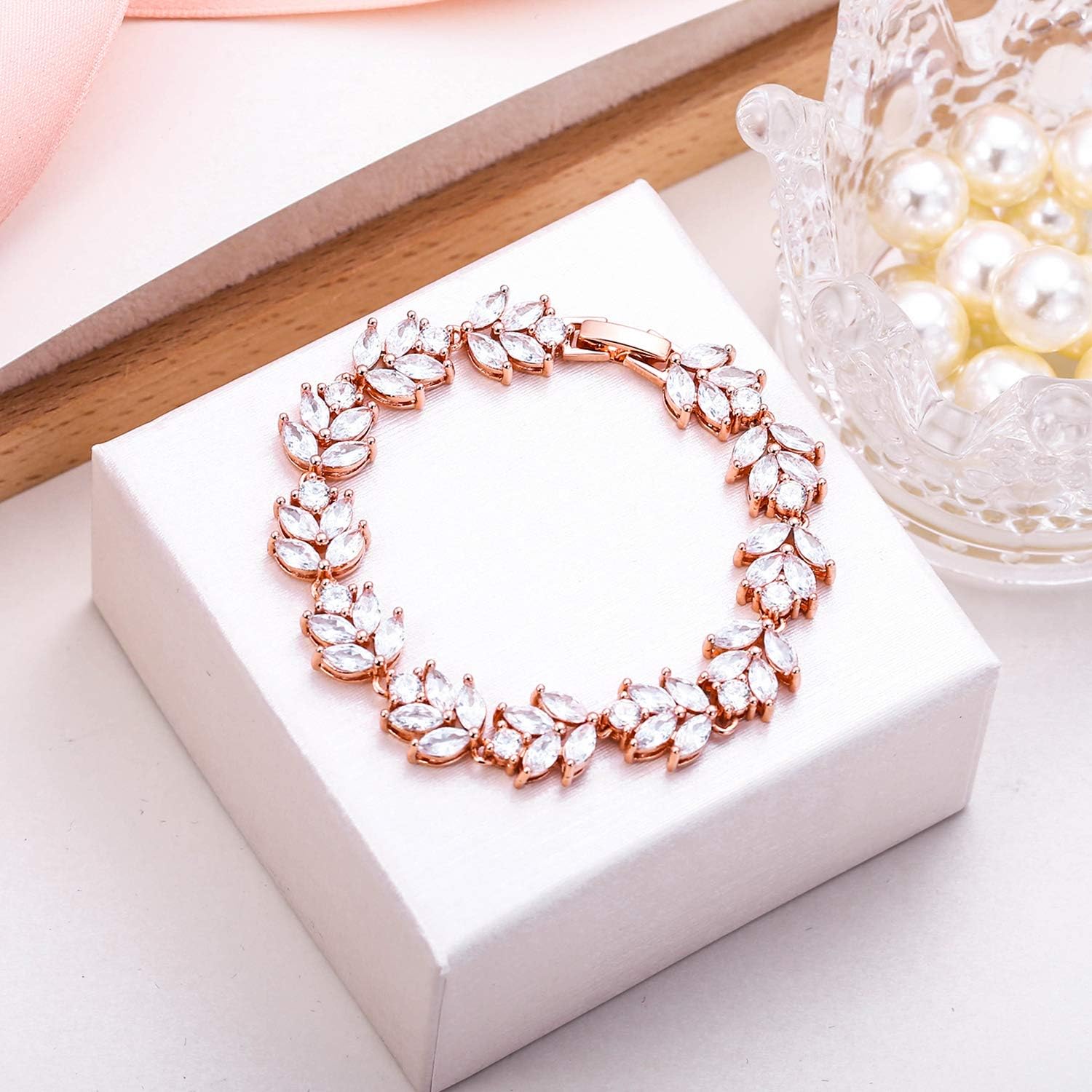 EVER FAITH Wedding Jewerly Hand Accessory Prong Cubic Zirconia Birthstone Marquise Leaf Elegant Tennis Bracelet - Image 4