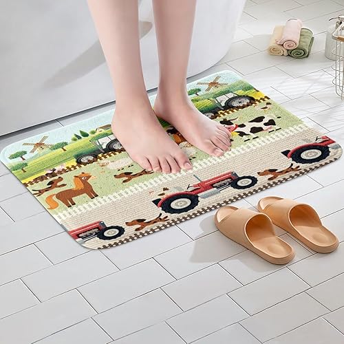 Miniatura 4 de Alfombra de baño para niños con dibujos animados de animales de granja, con bonitos tractores, alfombra de baño para niños, estilo rural, alfombra