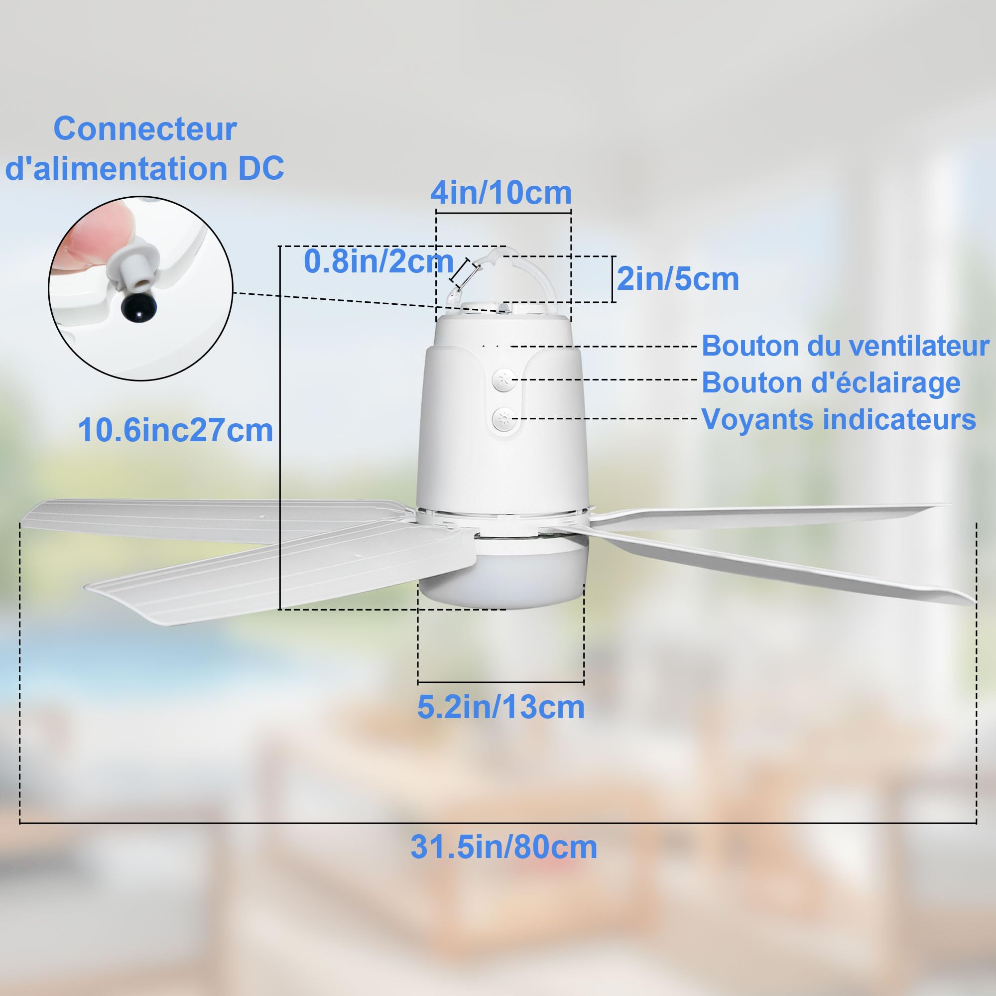 80CM Ventilateur Plafond Exterieur Terrasse, Cordon D'alimentation 5M | 3000-6500K Ultra Silencieux Ventilateur Plafond avec Lumiere, Convient aux Terrasse, Pergola et Tente
