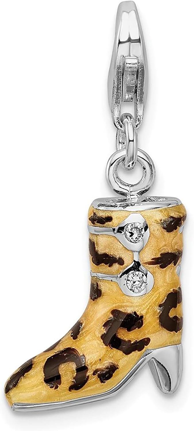 925 Sterling Silver Amore La Vita 3-D CZ Enameled Leopard Print Boot Bracelet Charm Lobster Clasp