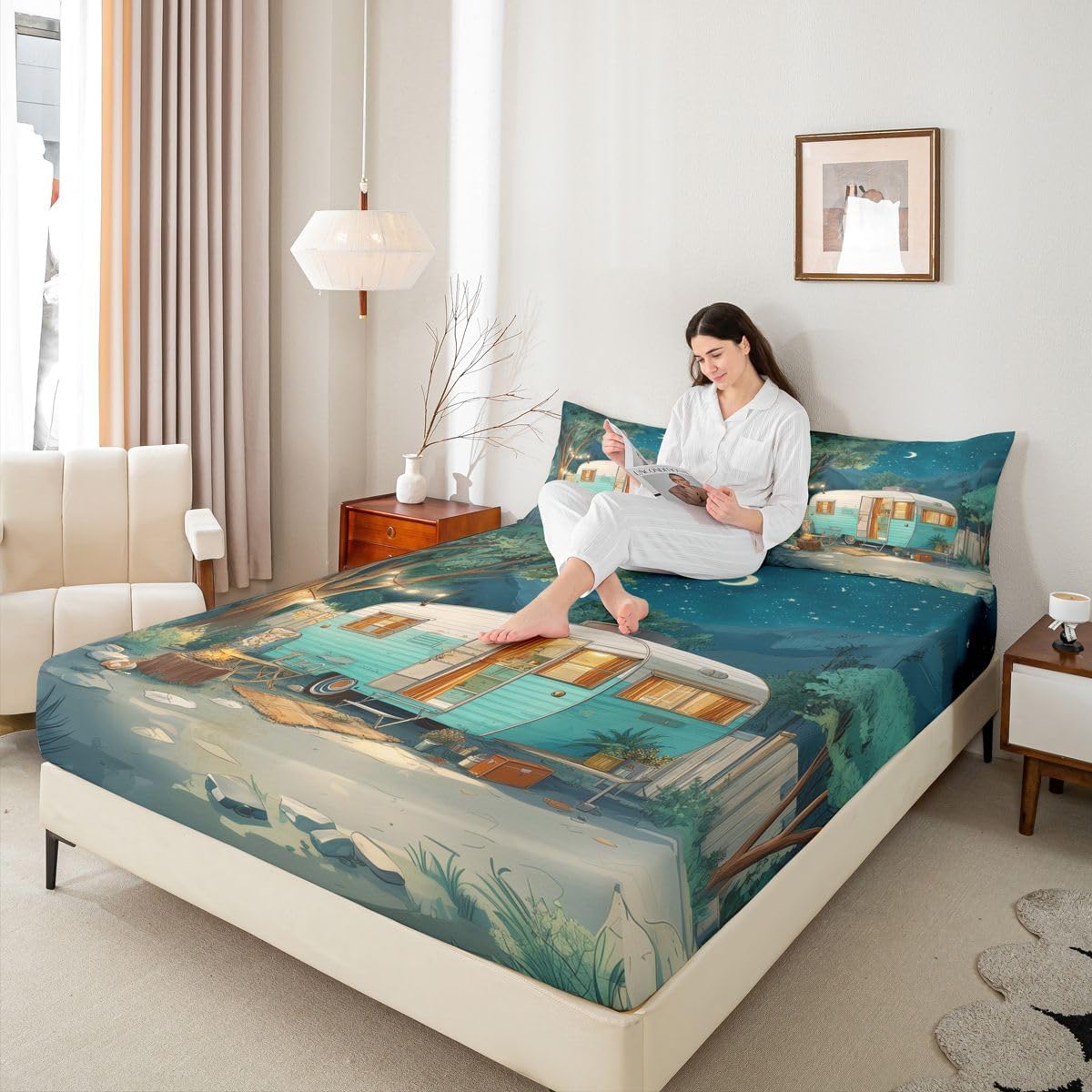 Erosebridal Happy Camping Bed Sheets Full Vintage RV Camper Cabin Room Decor Fitted Sheet Rustic Watercolor Mountain Tree Bedding Set,Retro Camping Aesthetic Bed Cover 3 Pcs