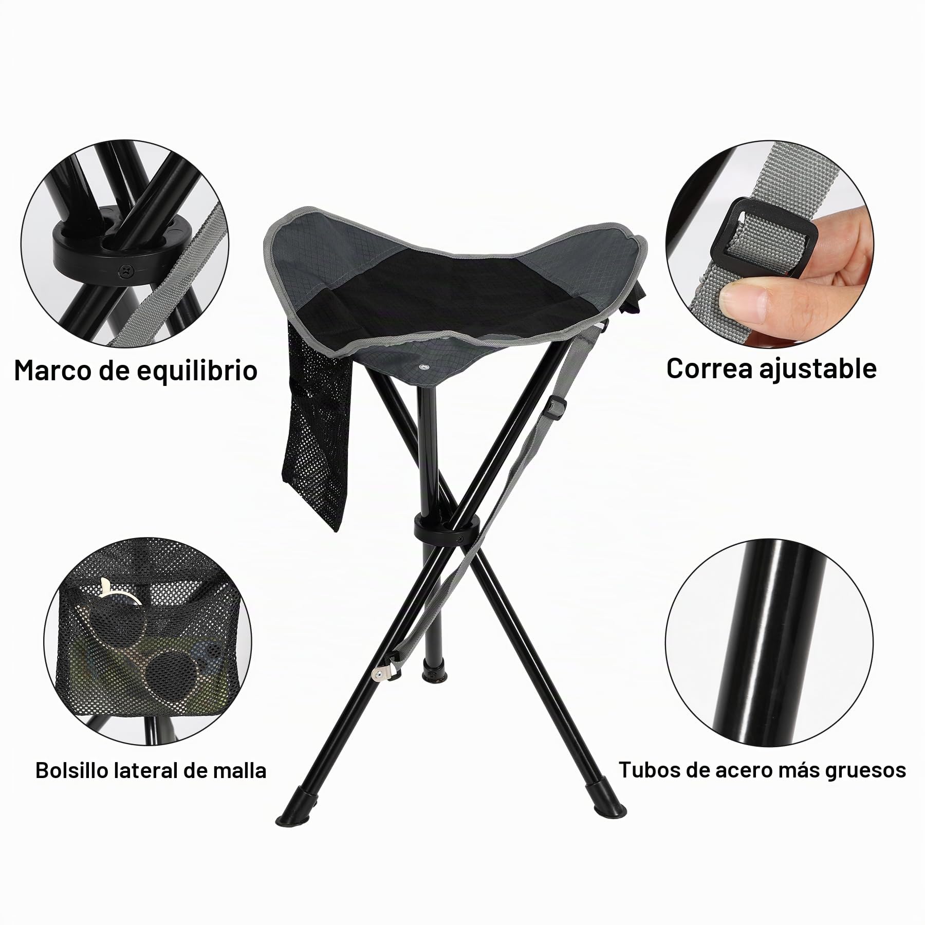 REDCAMP Taburete plegable de 3 patas, 56 cm, juego de 2 unidades, ligero, negro y gris