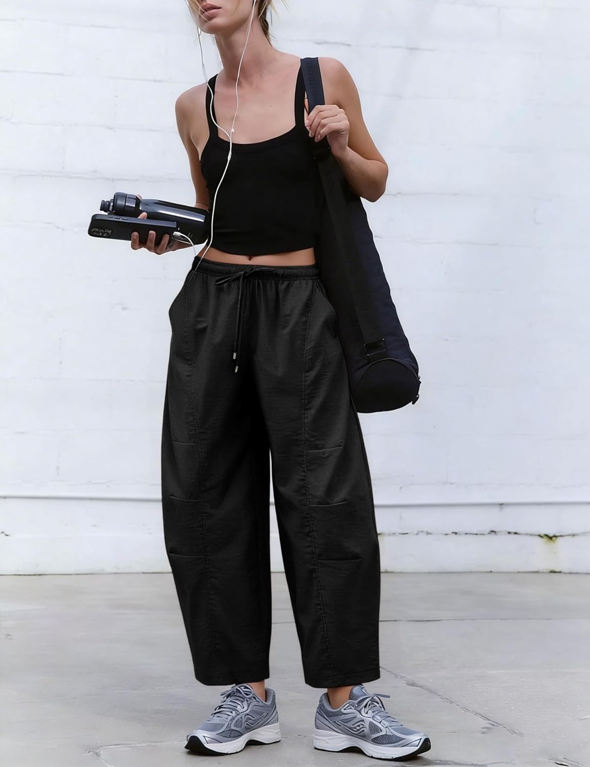 Lviefent Womens Barrel Pants Casual Drawstring Elastic Waist Crop Wide Leg Parachute Pants with Pockets