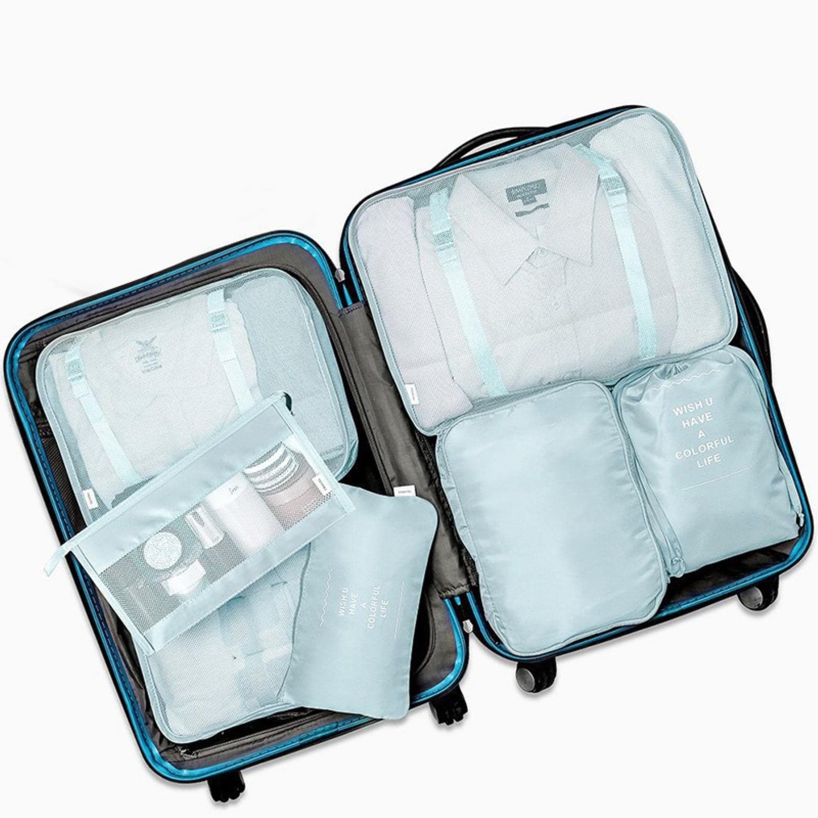 Zestaw 7 sztuk Organizator podróży Torby do przechowywania Zestaw do pakowania walizek Futerały do przechowywania Przenośny bagaż Tkanina But Tidy Pouch-7szt Koreański niebieski