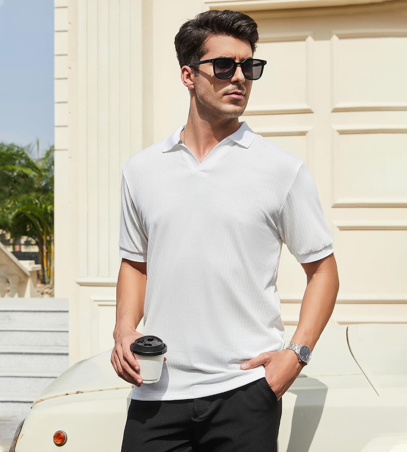 Alex Vando Mens Cotton Polo Shirts V-Neck Short Sleeve Casual Shirts for Men