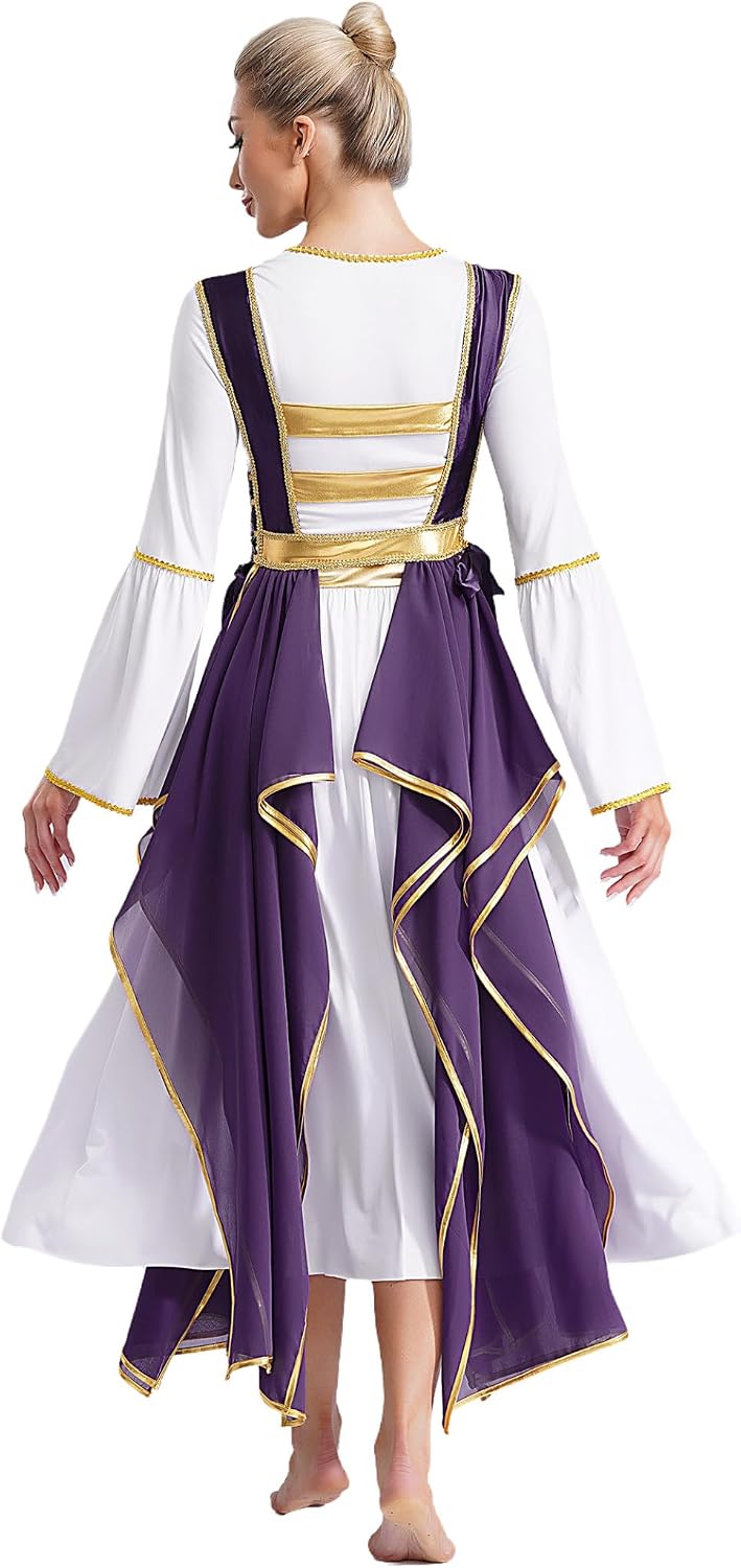 Liturgical Praise Dance Dress for Women Gold Trim Long Sleeve Dress with Sides Split Irregular Tunic