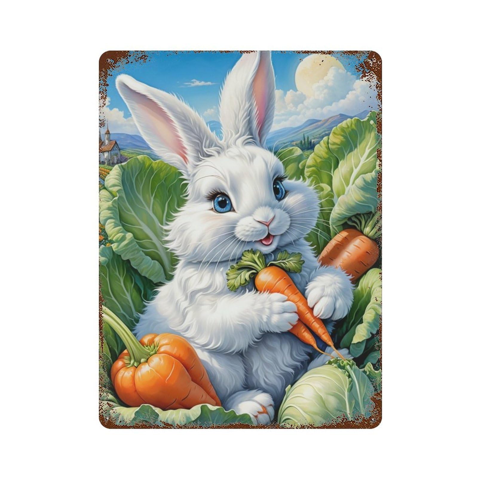 Adorable Bunny with Carrots Distressed Metal Wall Sign 15.7"x11.8", for Garage, Bar And Workshop Decor, Decorative Metal Wall Art
