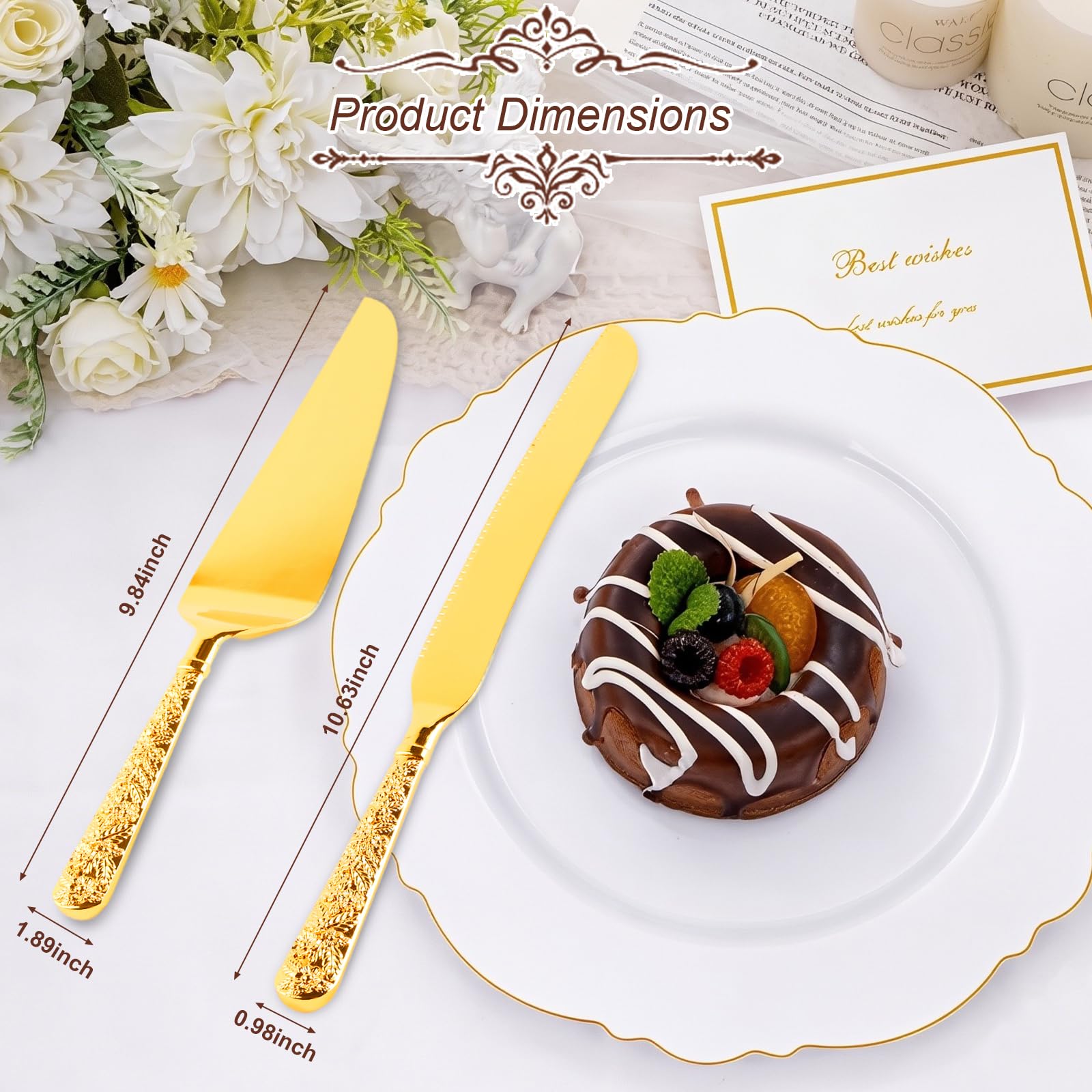 Gold Wedding Cake Knife & Server Set - Vintage Luxury -2