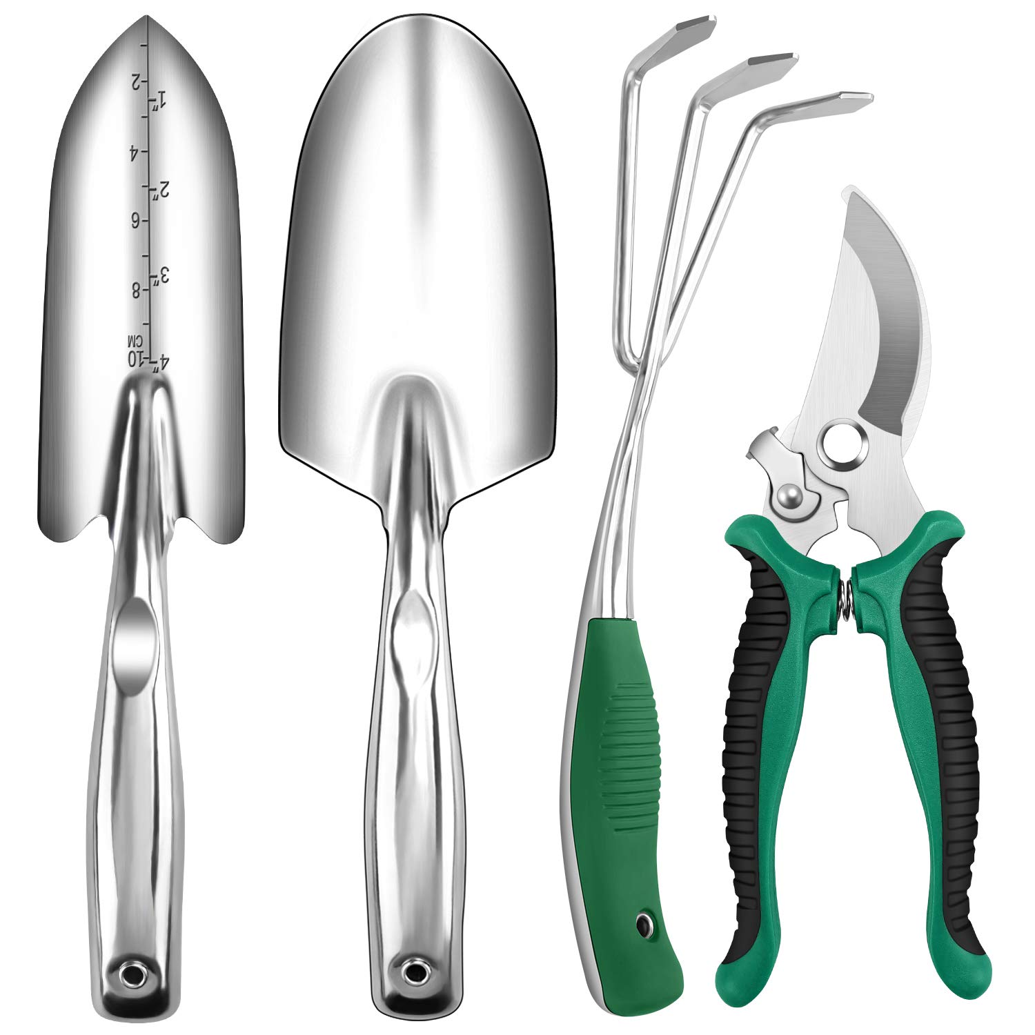 KONKY Garden Tool Set, 4 Pieces Gardening Gifts, Anti-Slip Stainless Steel Gardening Set, Includes Hand Rake, Transplanting Trowel, Hand Trowel and Garden Clipper, Outdoor Tools Kit for Men and Women