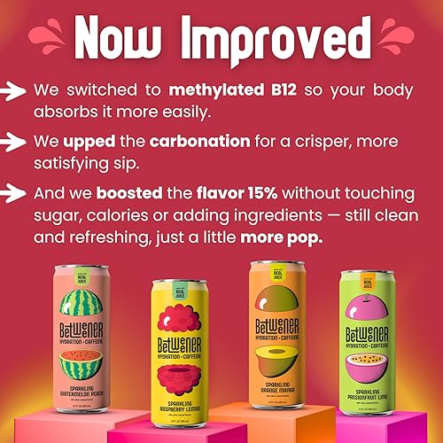 Miniatura 4 de Betweener Sparkling Energy Seltzer, agua con gas con jugo real y 100 mg de cafeína, ligero y refrescante, L-teanina para concentración, vitaminas