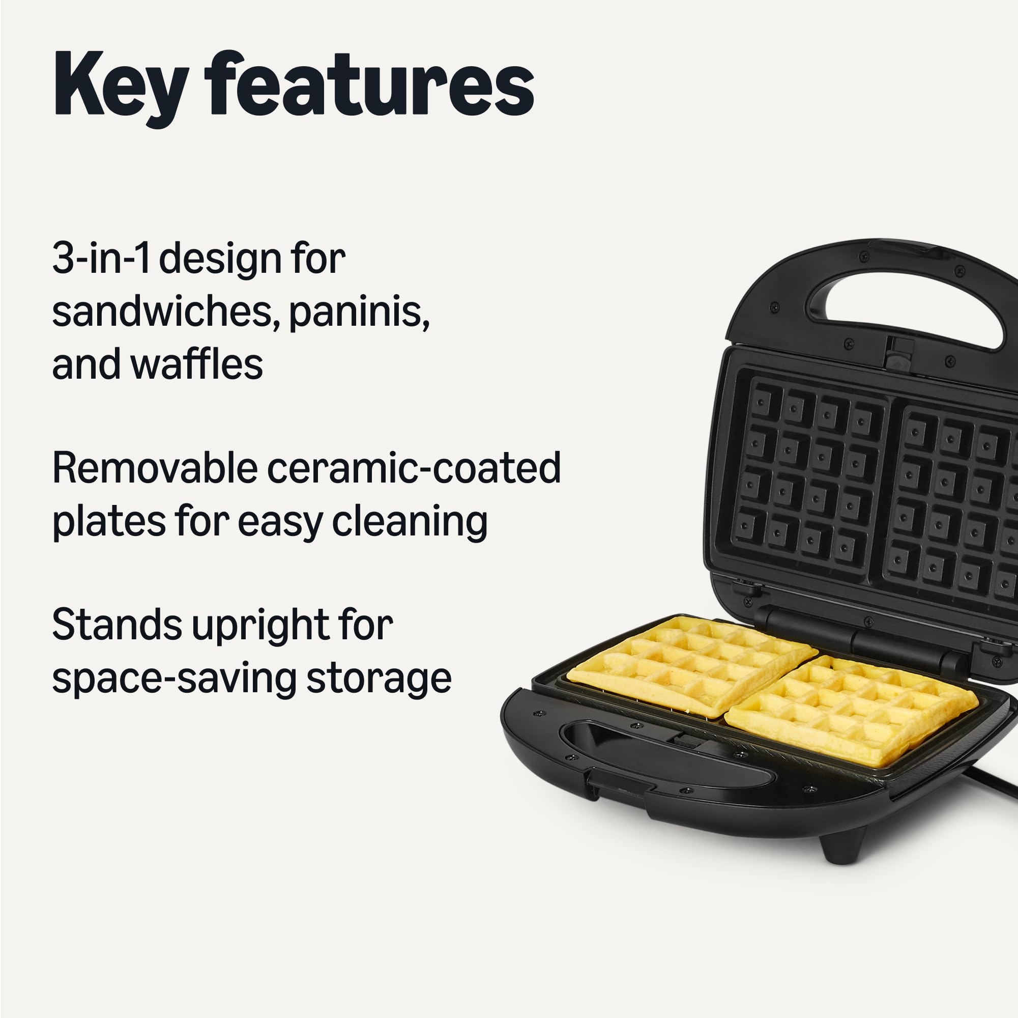 Amazon Basics 3-in-1 Sandwich Maker, Panini Press and Waffle Maker with Removable Plates, 760W