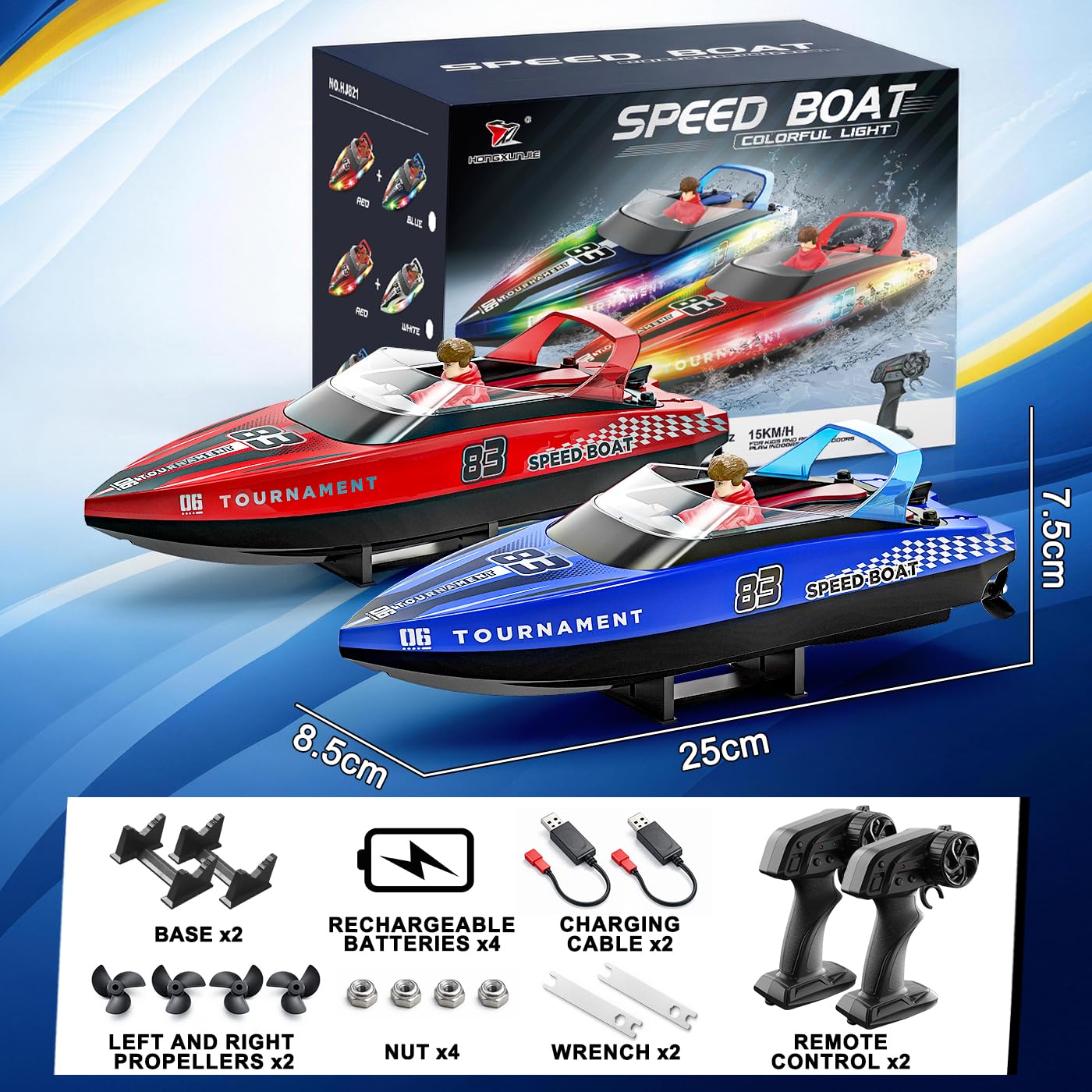 YESHIN Ferngesteuertes Boot 2er Pack, 15km/h RC Boot mit LED Licht, 4 Batterien, 2,4 GHz Fernsteuerung, Wasserdicht & Kentersicher, Geeignet für Pool & Seen, Geschenk für Kinder 8+ & Erwachsene