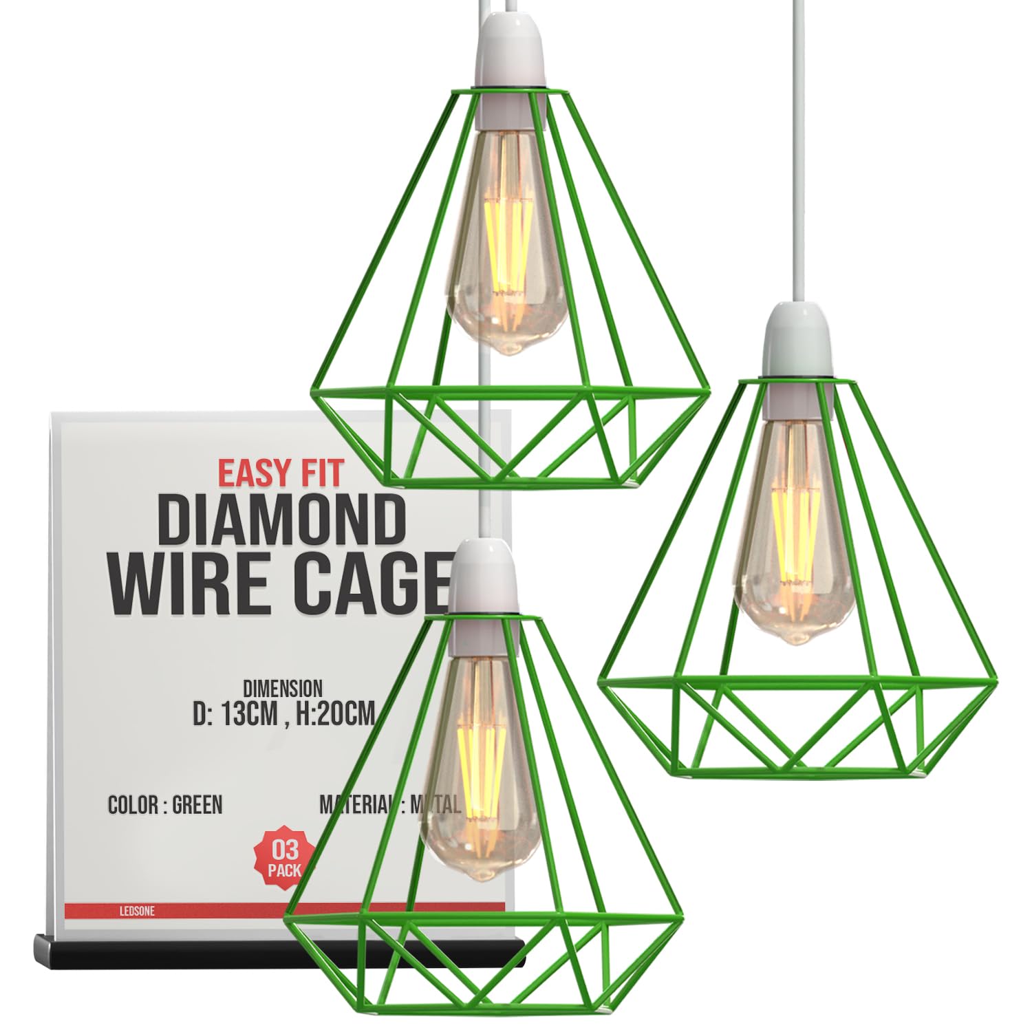 LEDSONE Modern Geometric Diamond Pendant Lampshade - Metal Wire Cage, Black, 14.5x20cm, Ideal for Living Room, Kitchen, Restaurant, Office (Green 3 Pack)