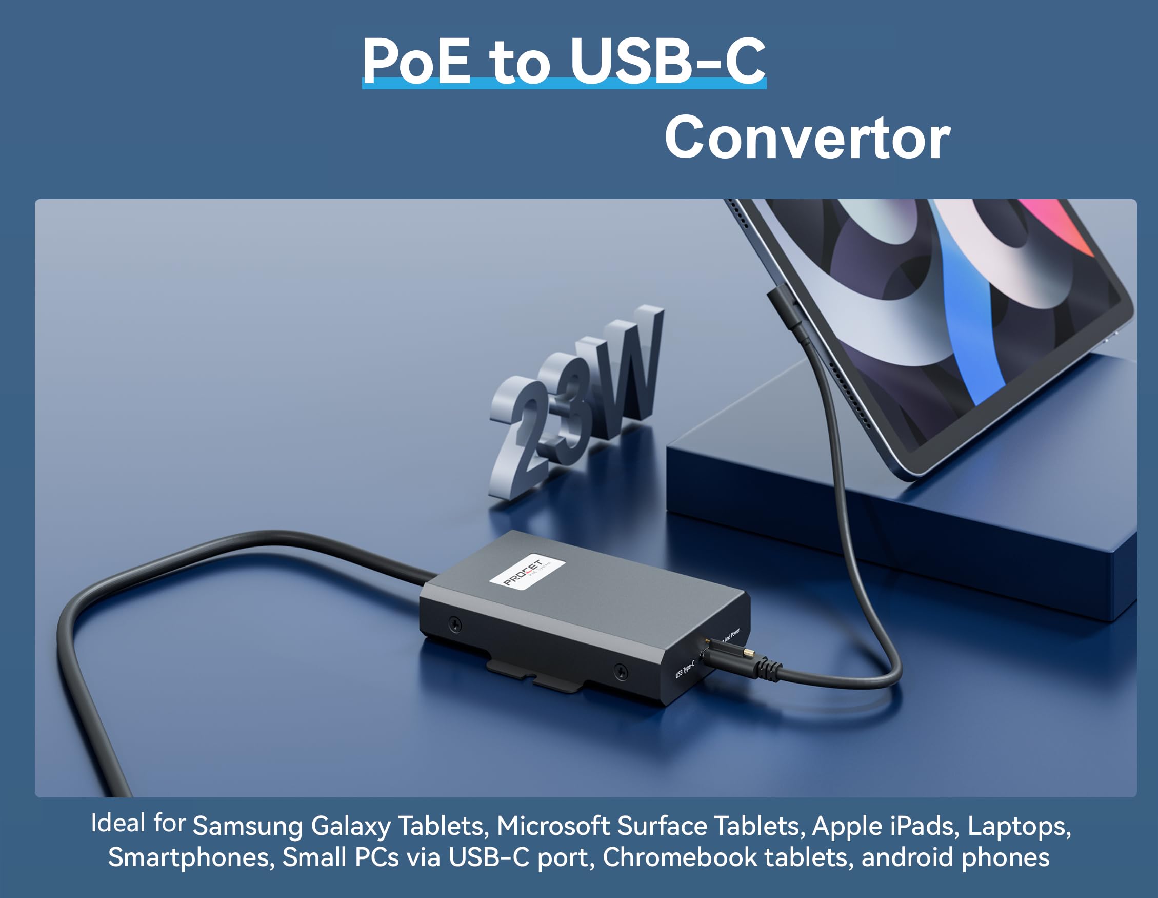 PROCET Gigabit USB C to PoE Ethernet Adapter up to 23W RJ45 to C Type Converter, Wide Working Temp -4? to 131? for Tablet, iPad, Smart Home Monitor, VR, Intelligent Speaker, Video Doorbell Camera