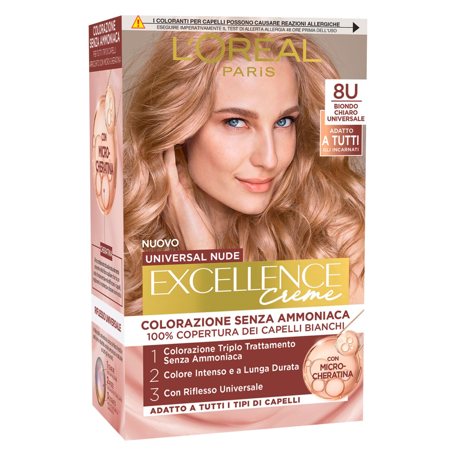 L'Oréal Paris Excellence krem do włosów, permanentna farba do włosów, uniwersalny nude, jasny blond 8U, potrójna obróbka – 3 kolory