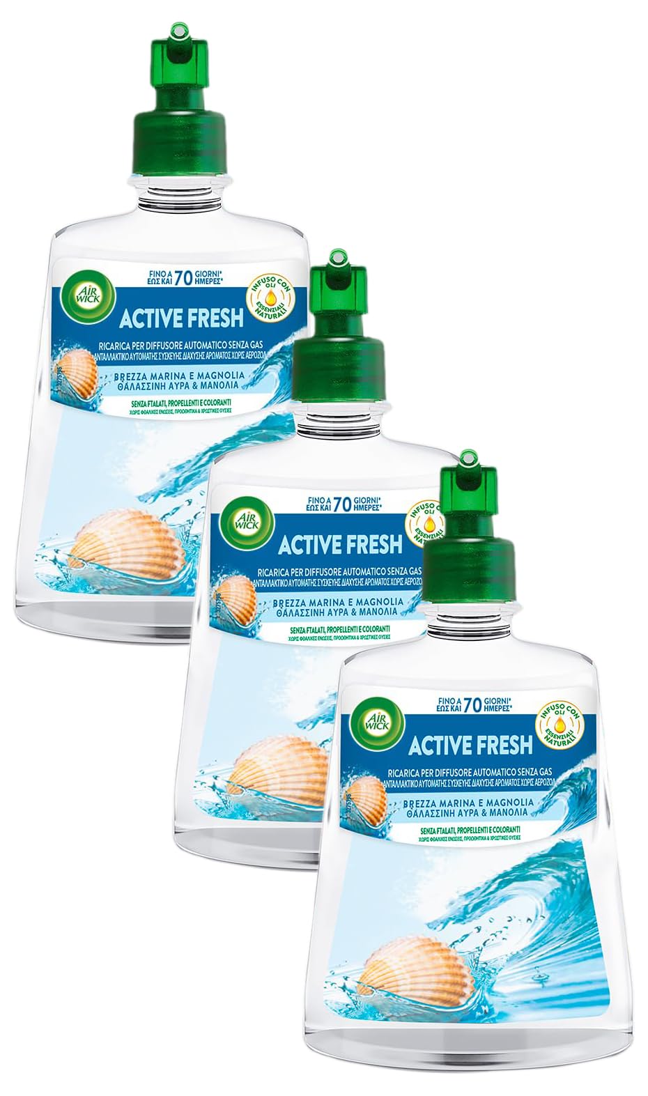 Air Wick Active Fresh Deodorante per Ambienti, Ricarica per Diffusore Spray Automatico senza Gas alla fragranza Brezza Marina e Magnolia, 228 ml (Confezione da 3)