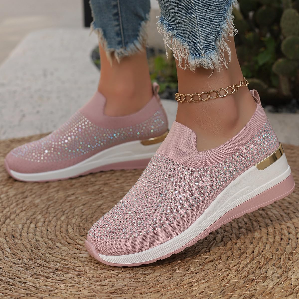 Scarpe da ginnastica da donna con zeppa e strass scintillanti, alla moda, con strass, con zeppa, casual, senza lacci, scarpe da tennis