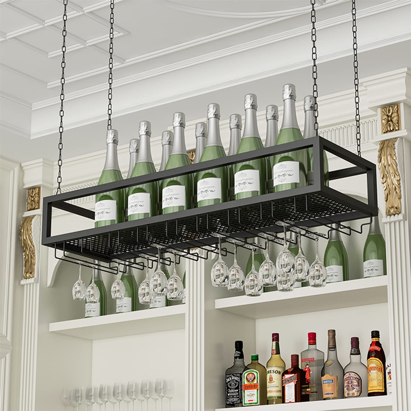 Botellero Colgante de Metal Negro para Bares y restaurantes. Soporte para Copas de Vino y Copas de Techo. Cadena de Hierro Decorativa. Portabotellas (100 x 25 x 20 cm).