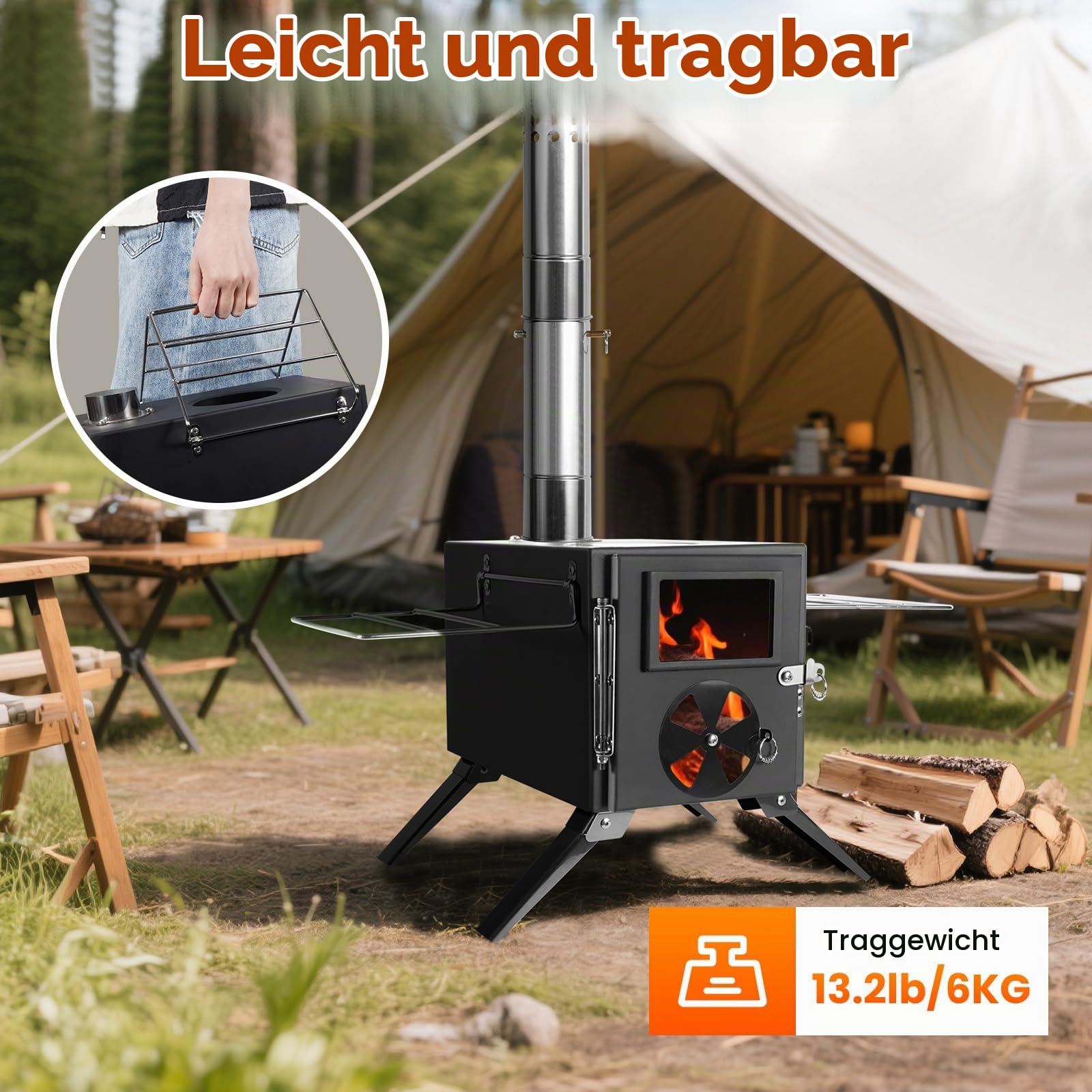 SOPPY Zeltofen mini Holzofen Tragbarer Campingkocher Edelstahl Herd Campingofen Gartenofen mit Schornsteinrohre Werkstattofen für Zelt/Garten/Camping/Outdoor/Picknick/Kochen, Schwarz
