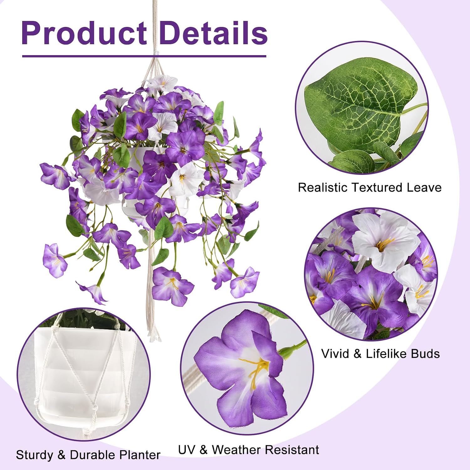 Artificial Hanging Flowers with Basket for Outdoors, 2 Pack Fake Petunia Flowers UV Resistant, Realistic Faux Hanging Plants for Home Porch Patio Garden Balcony Yard Decor (Purple White)