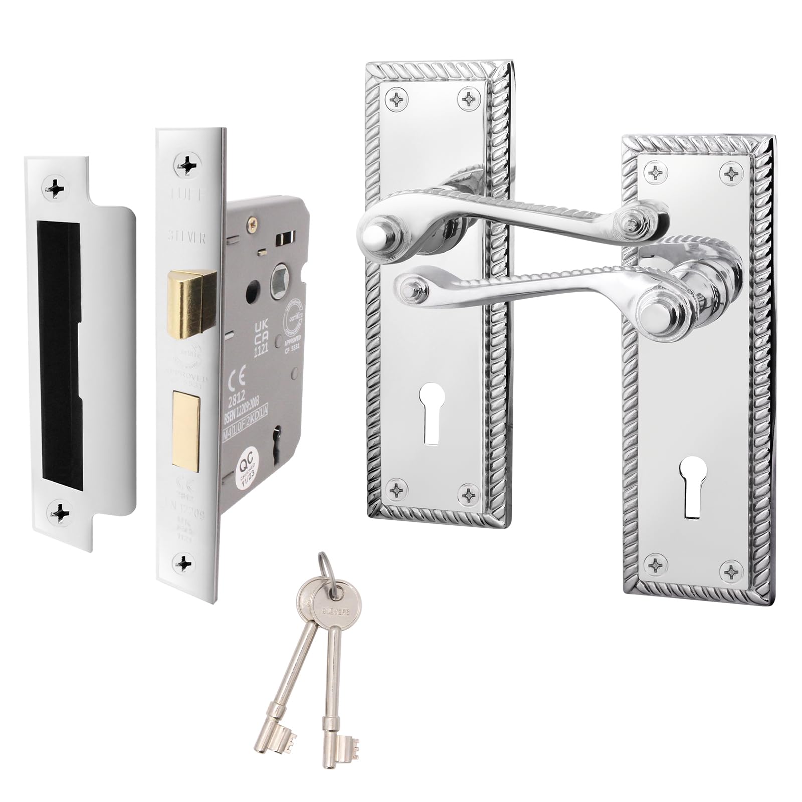 EAI Polished Chrome Door Handles with Sash Lock 64mm - Rope Scroll