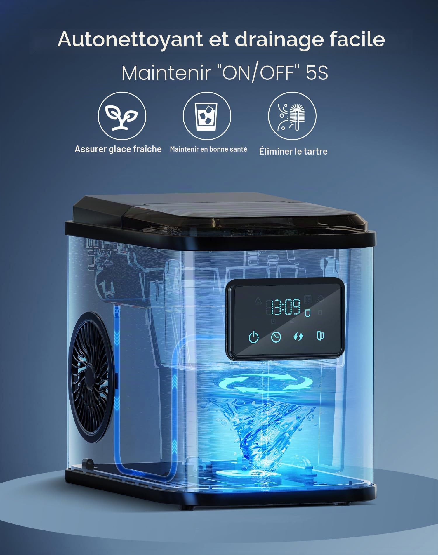 Machine a glacons Acier inoxydable machine a glace machine a glacon avec écran LED et fonction de nettoyage 2 tailles de glaçons 2 litres pour la cuisine le bureau le bar et les fêtes