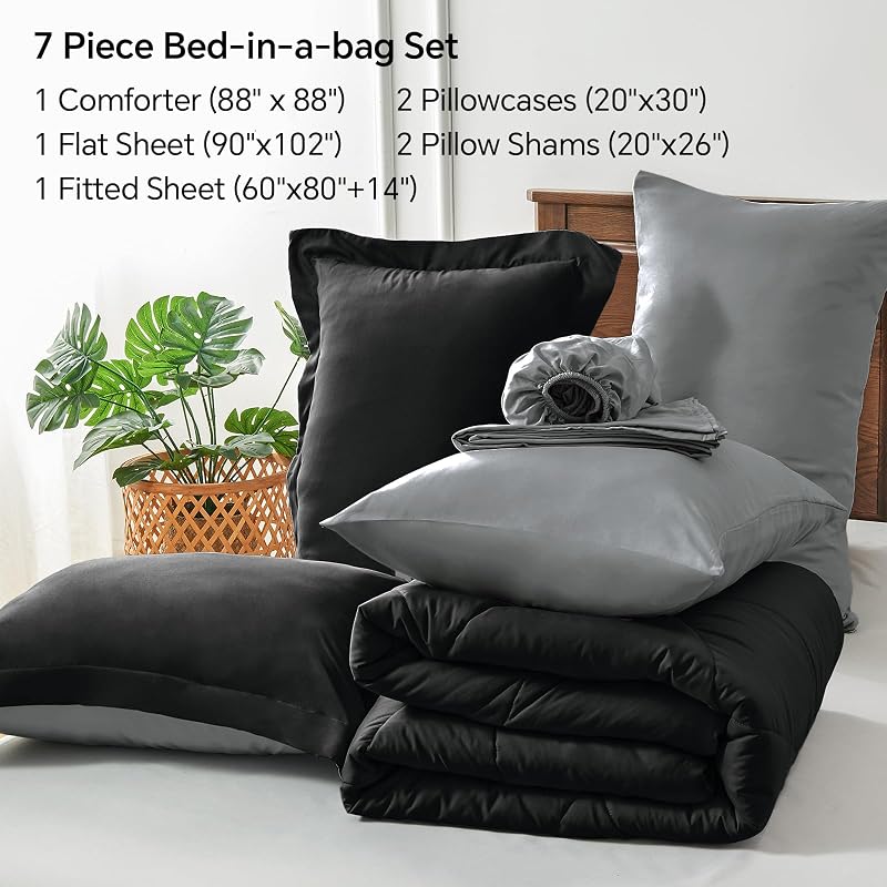 BEDELITE Queen Comforter Set 7 Pieces, Reversible Black Bed in A Bag image 5