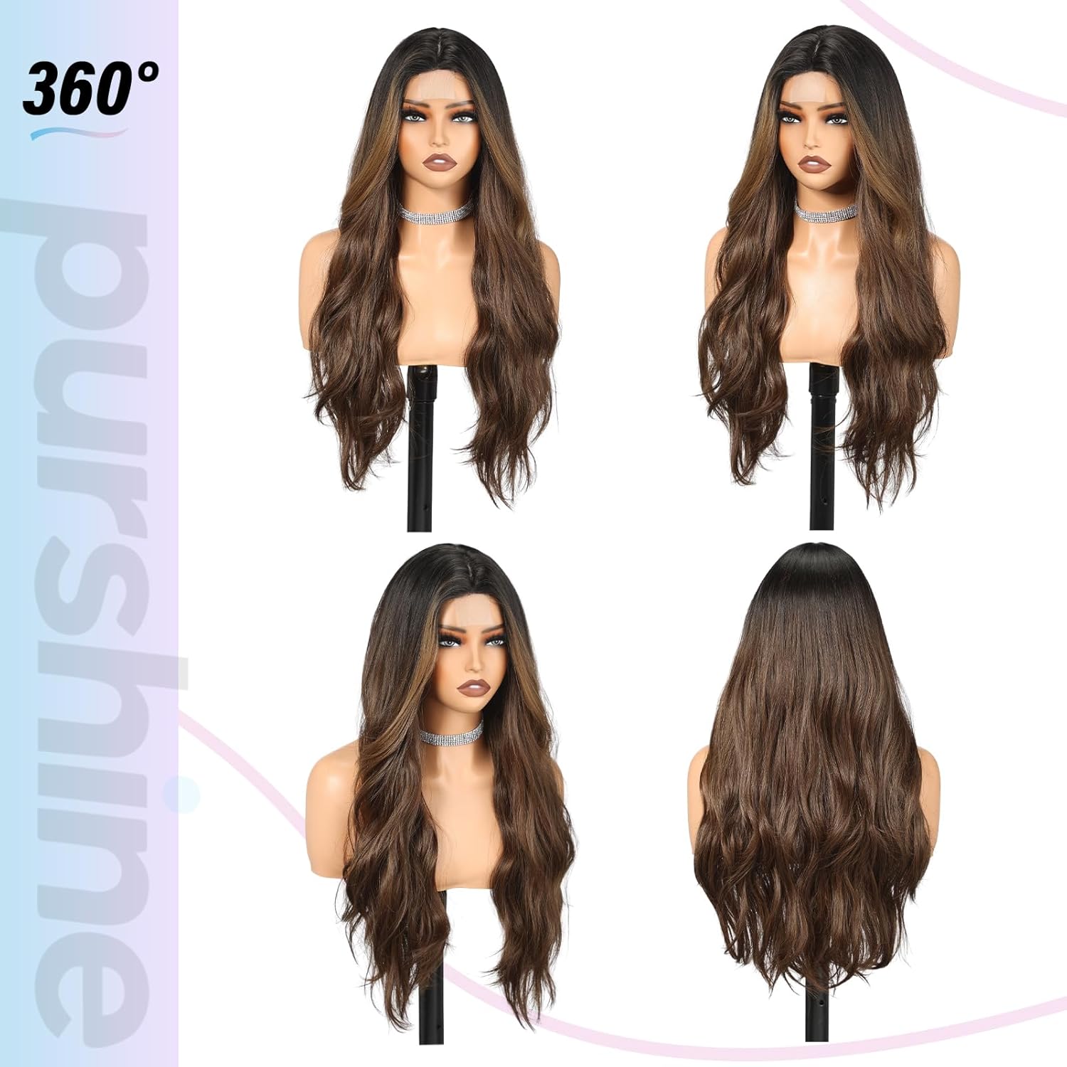 Long Wavy Highlights Brown Wig for Women, Natural-Looking Middle Part Heat Resistant Synthetic Wig for Daily Use - Image 5