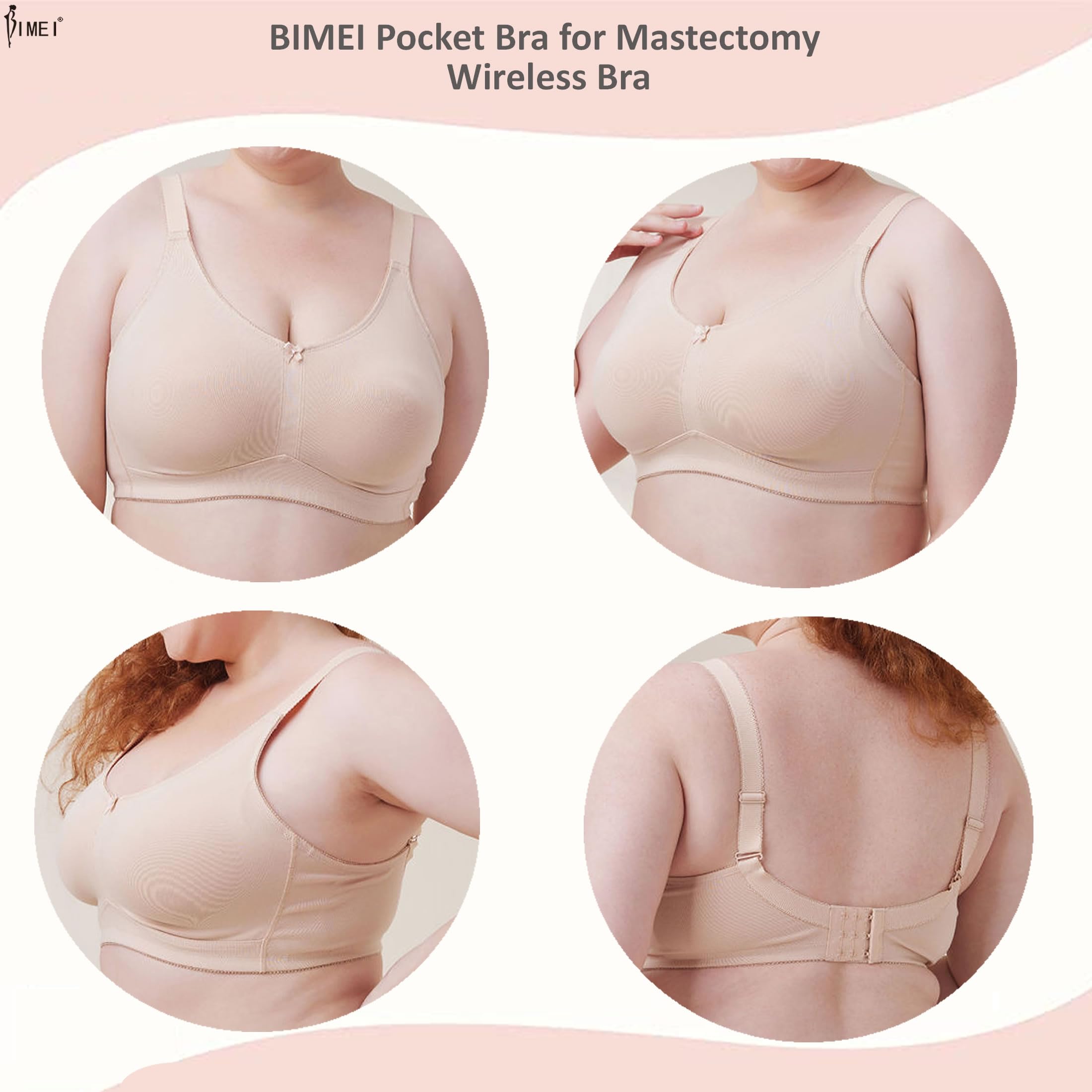 BIMEI Reggiseno per mastectomia con tasche per protesi mammaria senza ferretto reggiseno per tutti i giorni taglie forti - F22