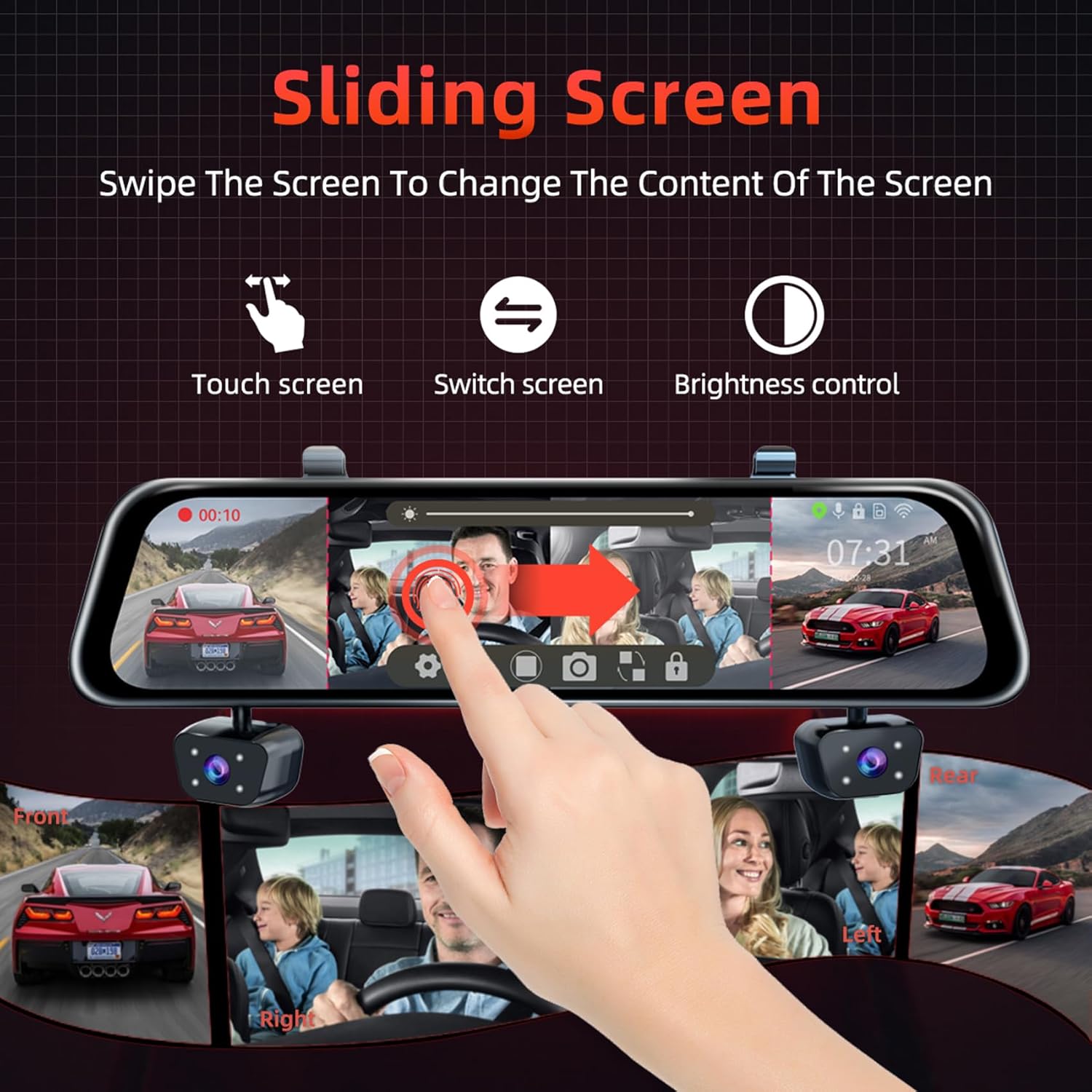 Mirror Dash Cam 4 Channel Dash Cam Front and Rear/Inside, Touch Screen 12’’ FHD 1080Px4 Rear View Mirror Camera, 8 IR Night Vision, Built-in WiFi, GPS, Parking Monitor