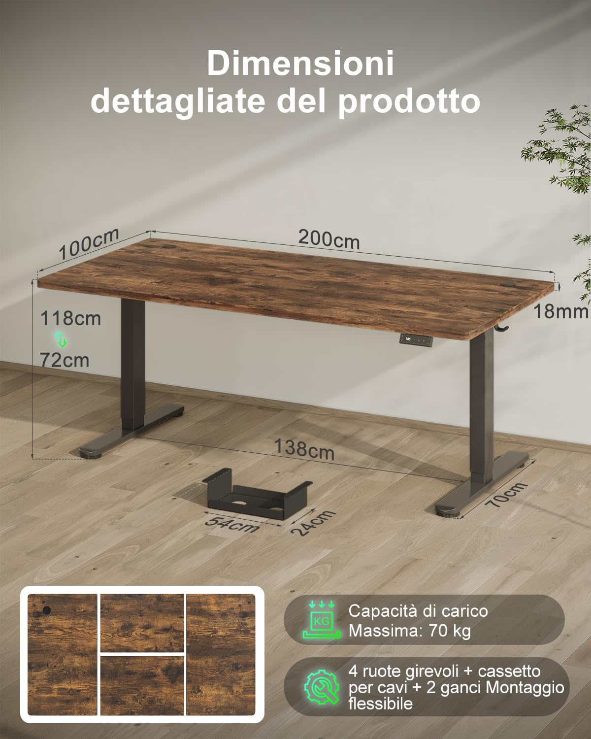 Devoko Scrivania Regolabile in Altezza 200x100 cm Marrone Ufficio con Ruote | Gestione cavi e Type-C, 4 livelli memoria, anticollisione, Regolazione fluida, silenziosa, ergonomica per ufficio e casa.