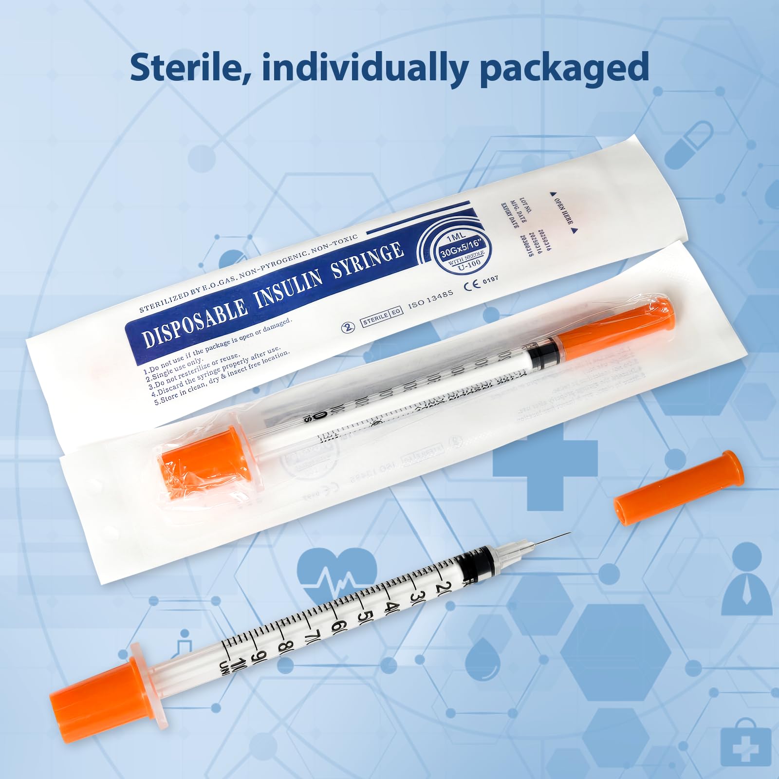 Jeringa U-100, 1 ml, 30 g, 5/16 pulgadas, 8 mm, herramientas de laboratorio, envueltas individualmente, paquete de 30
