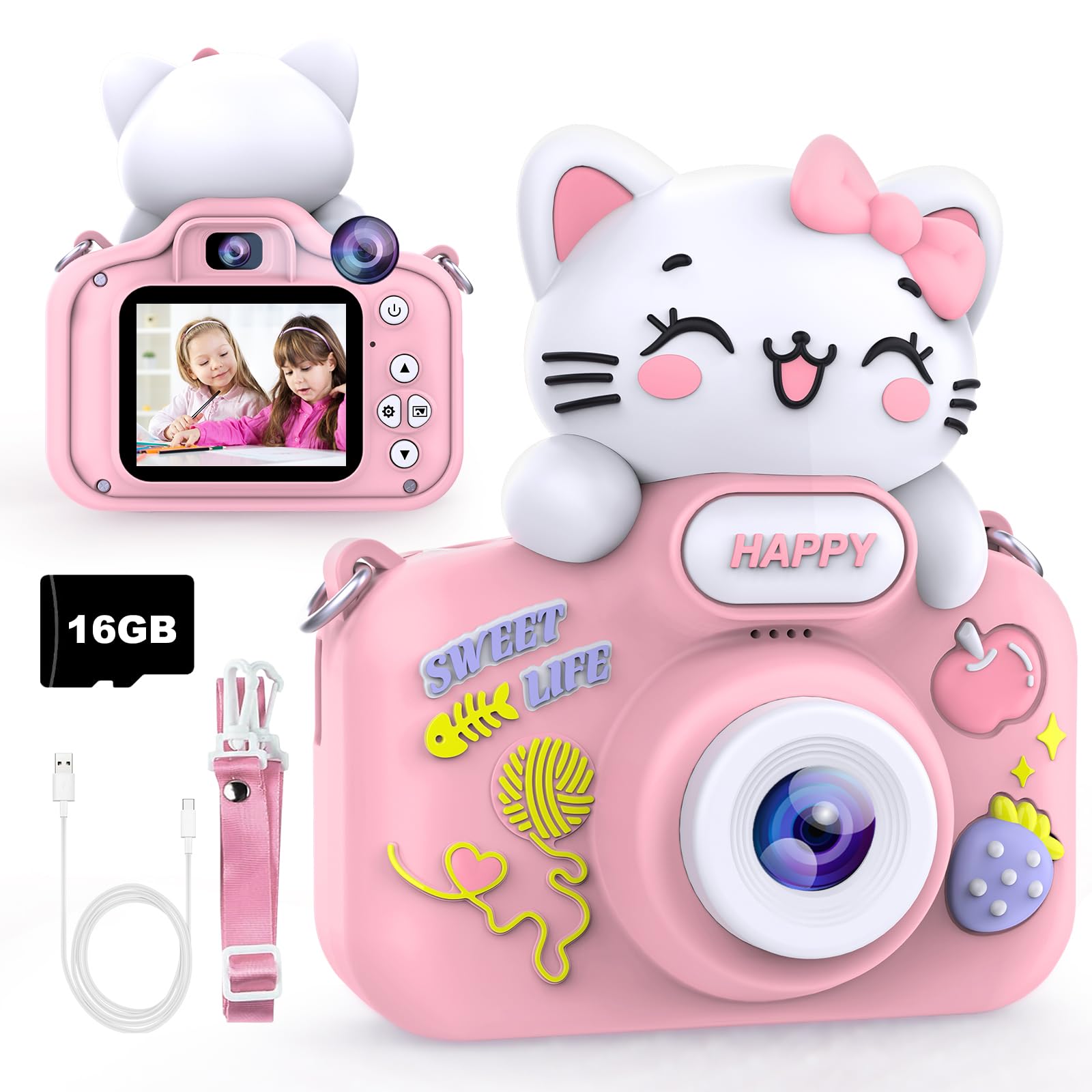 Kids Digital Camera for Girls and Boys Ages 3-8,1080P 48MP Toddler Camera with 8X Digital Zoom,Time Lapse, Dual Lens Kids Camera with Cute Cat Silicon Case &amp; 16GB TF Card