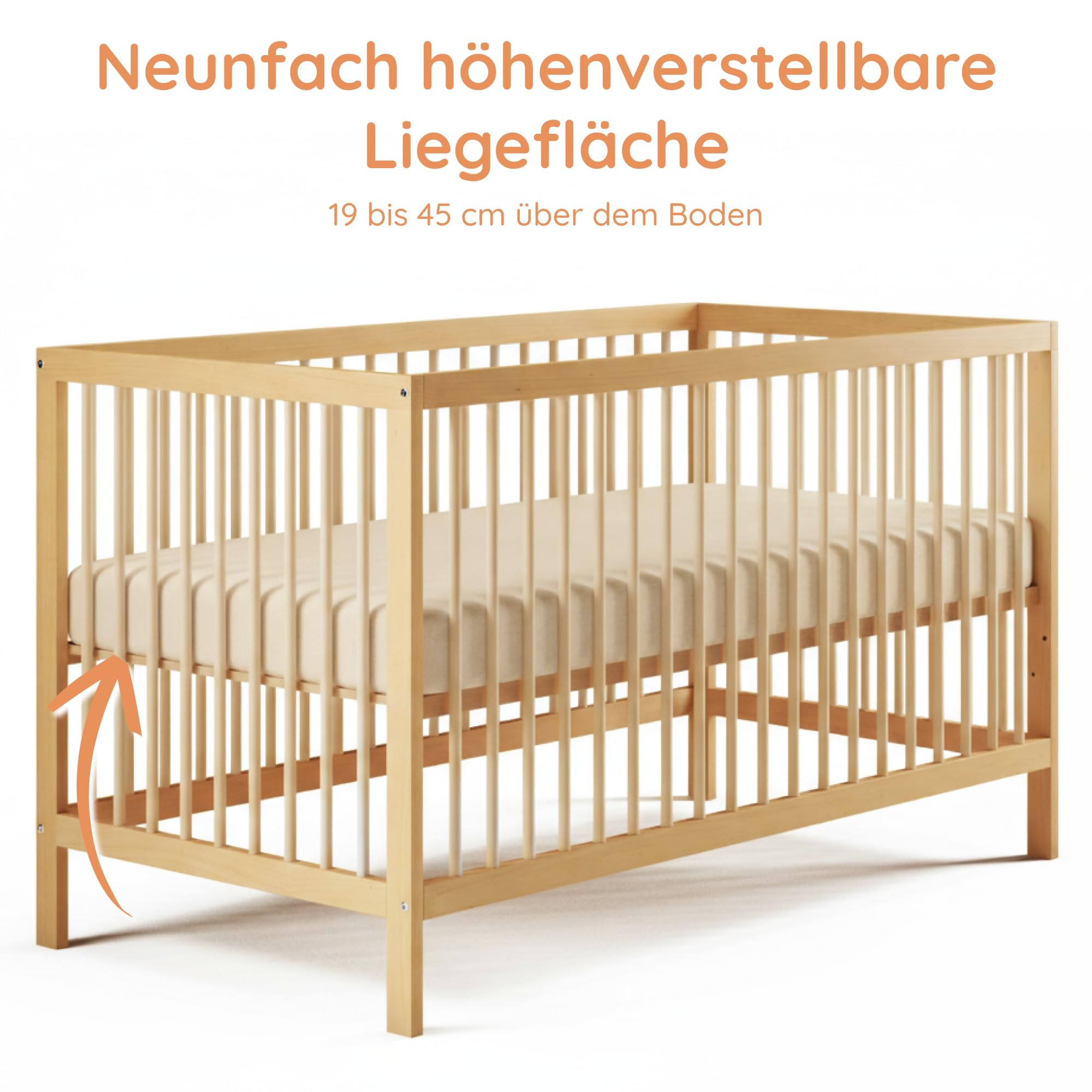Kids Collective Babybett Kinderbett Gitterbett 60x120 & 70x140 cm mit Matratze höhenverstellbarer Lattenrost & herausnehmbare Sprossen stabiles Buchenholz | ab Geburt bis 3. Lebensjahr | Natur
