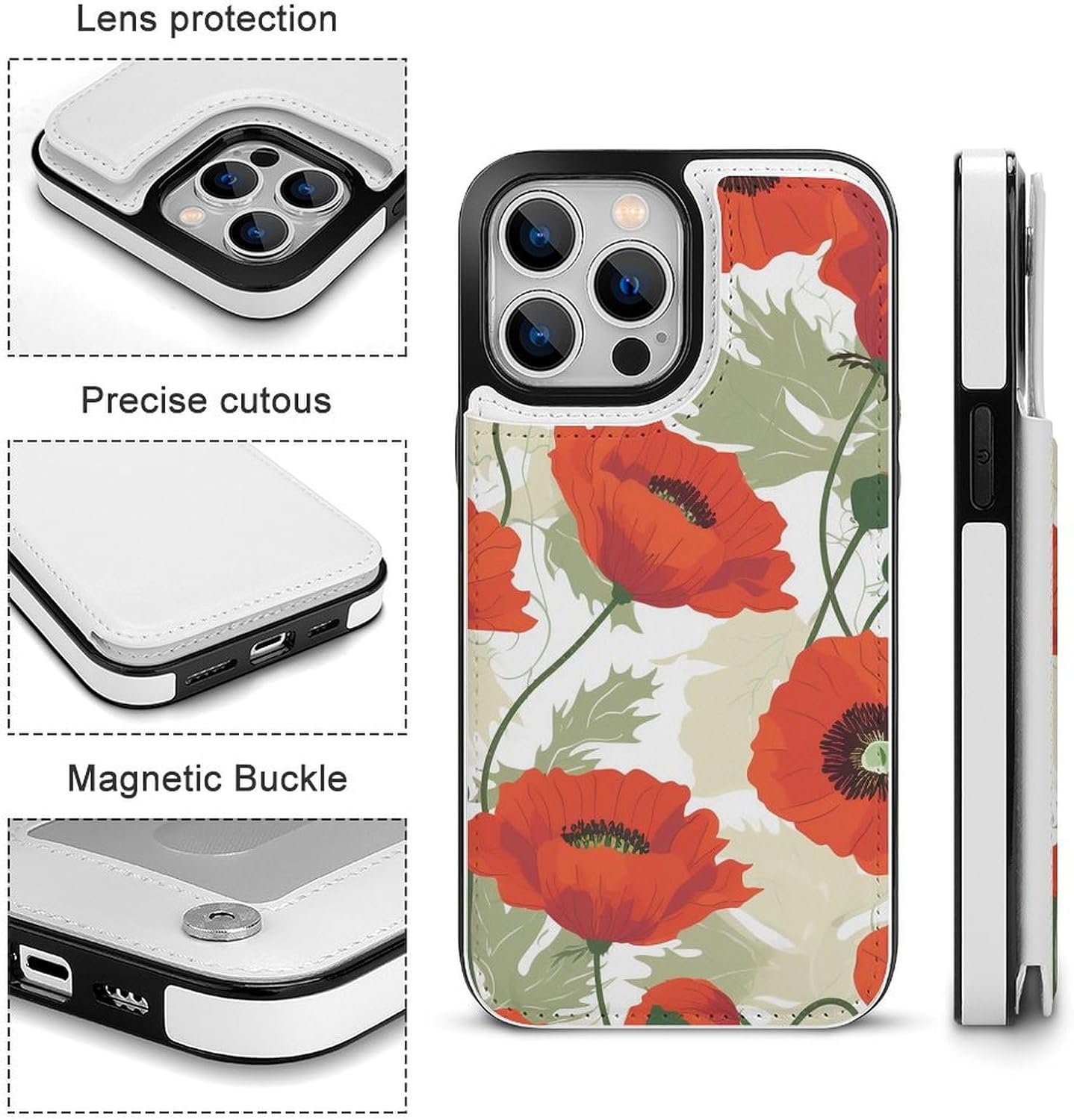 Wallet Cases for iPhone 14 Pro Max, Poppy Flower Pattern Prints Flip Leather Phone Case Cover with Card Slots Holder