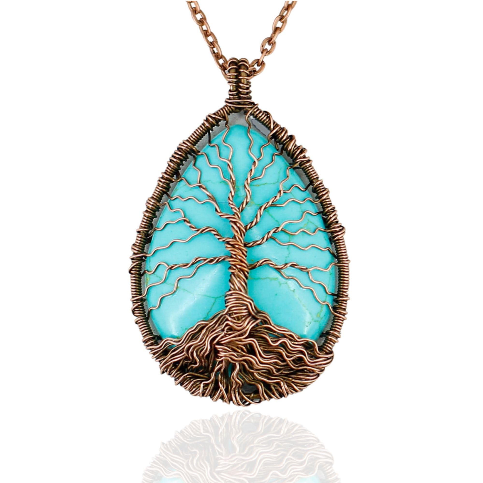 Handmade Tree of life blue turquoise necklace Healing and protection amulet Wire wrapped pendant Fashion unisex jewelry Copper anniversary present ideas for men women