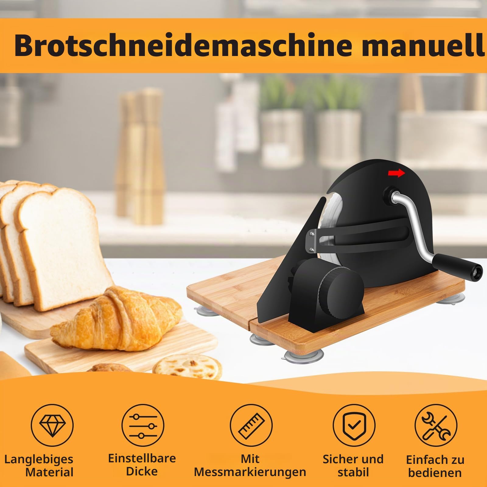 Brotschneidemaschine manuell, Edelstahl 304 Allesschneider Mit Skala & Saugnäpfen, Einstellbare Dicke Gleichmäßige Scheiben, scharfe Klinge, Schnittstärke 0-20 mm für Käse,Brot und Gemüse