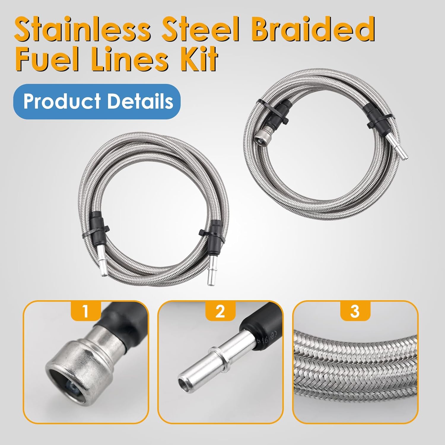 819-816 Stainless Steel Braided Fuel Lines Kit, Compatible with Silverado Sierra 1500 2500 3500 HD 2004-2010, Replace# 15946184 15946199 15946178 19356397