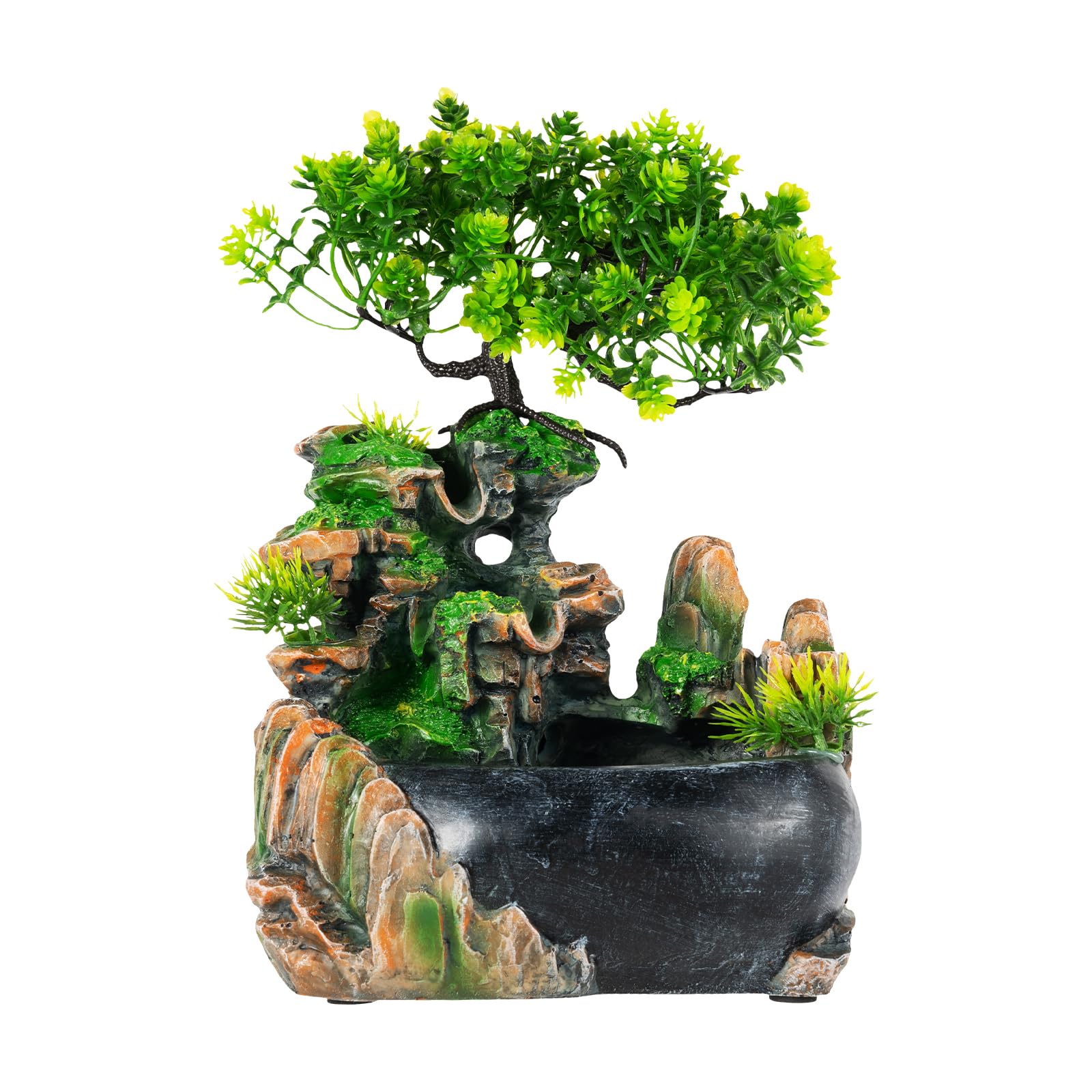 Fontana da tavolo, fontana da interni con giardino roccioso e alberi artificiali, bonsai da tavolo in resina, soggiorno, piano bonsai, fontana da tavolo cascata senza nebbia, per uffici e
