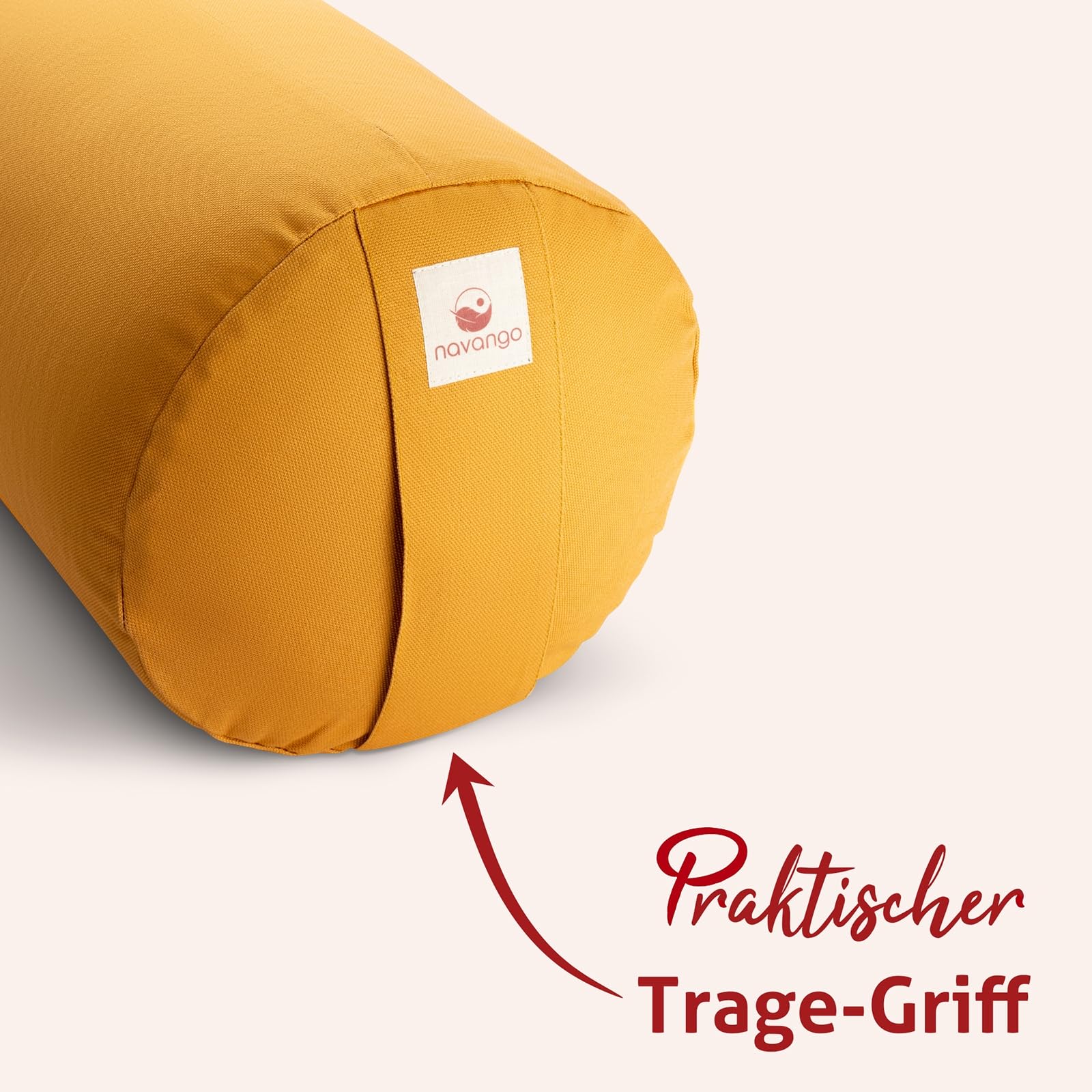 Yoga Bolster – Handmade in Germany, 24cm x 64cm | Yoga Rolle mit praktischem Tragegriff, 100% Dinkelspelz Füllung, Waschbarer Bezug 100% Baumwolle
